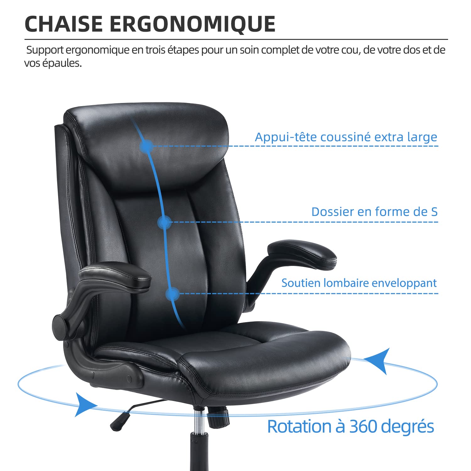 MZLEE Chaise de Bureau Ergonomique en Cuir, Fauteuil Confortable, Noir | Accoudoirs Relevables, Support Lombaire, Hauteur Réglable