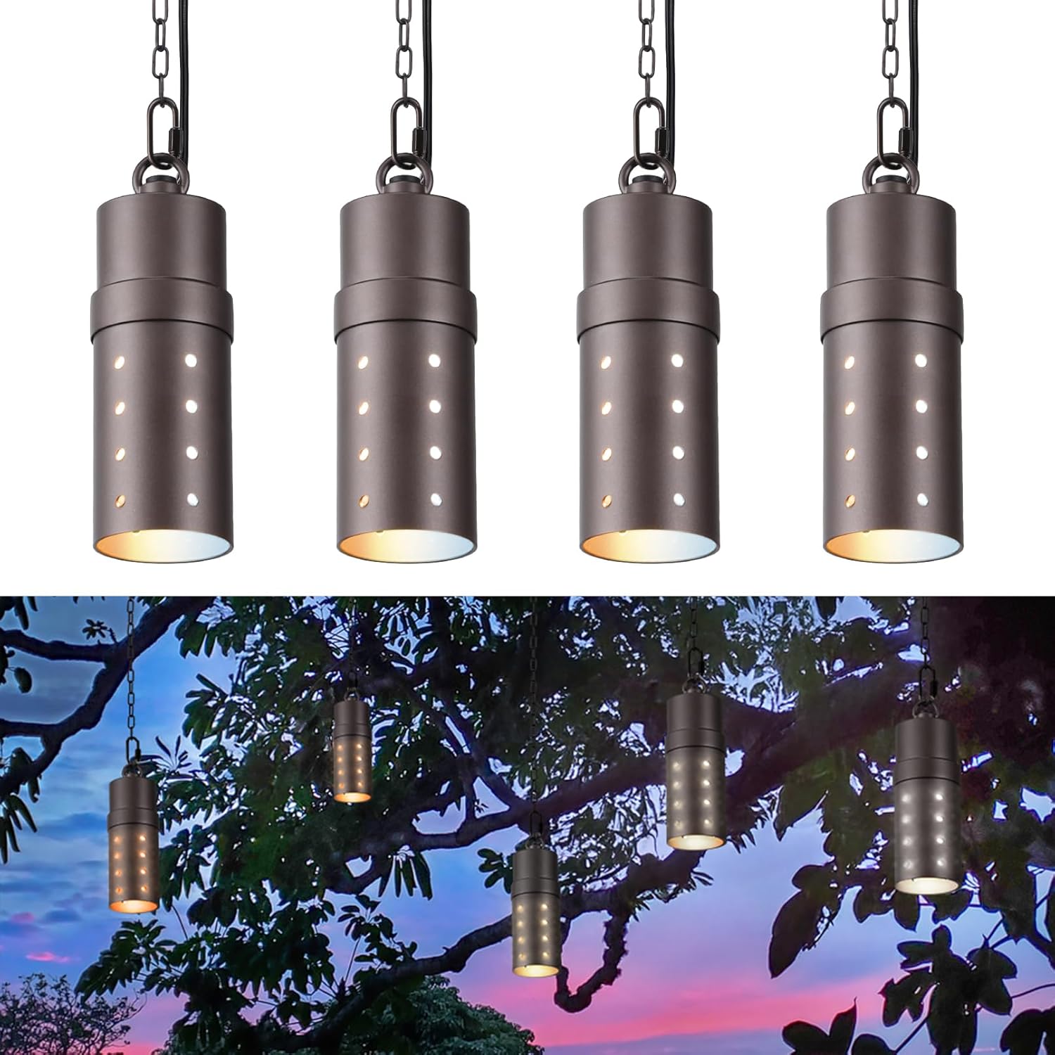 LEONLITE 5CCT Low Voltage Hanging Lights Outdoor, LED Landscape Pendant Lights, ETL Listed, 12V Hanging Tree Light for Gazebo, Pergola, Garden, Aluminum, IP65, Oil Rubbed Bronze, Pack of 4