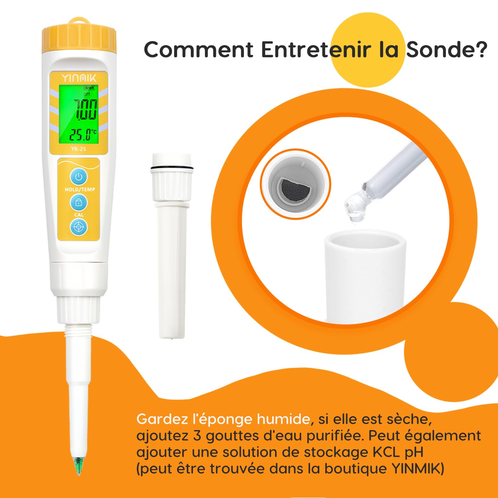 YINMIK Électrode de pH Remplaçable pour pH-Mètre YK-2S, Sonde pH pour Testeur de pH