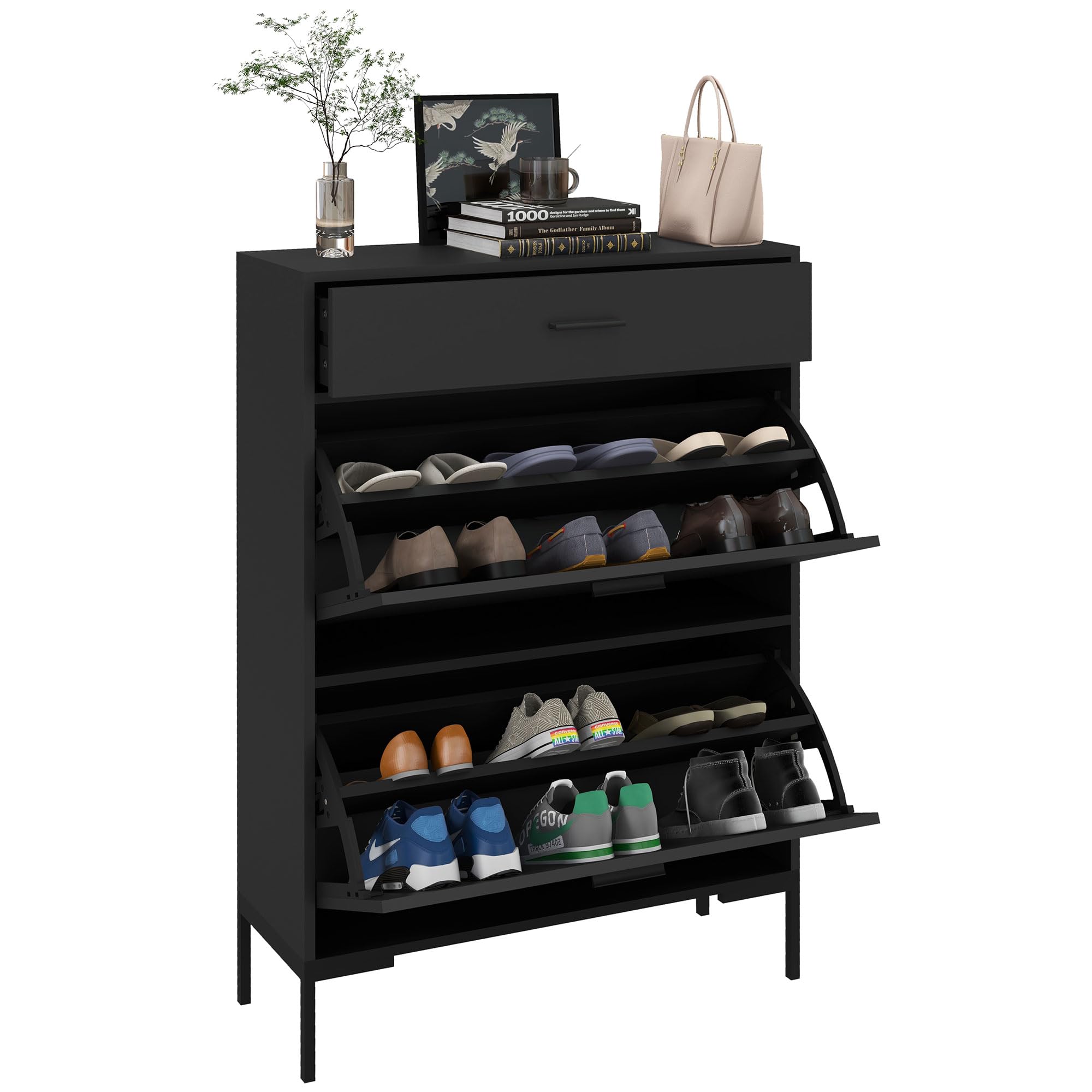 Homcom Shoe Storage Cupboard With 2 Flip Doors And Sliding Out DrawerBlack from B&Q