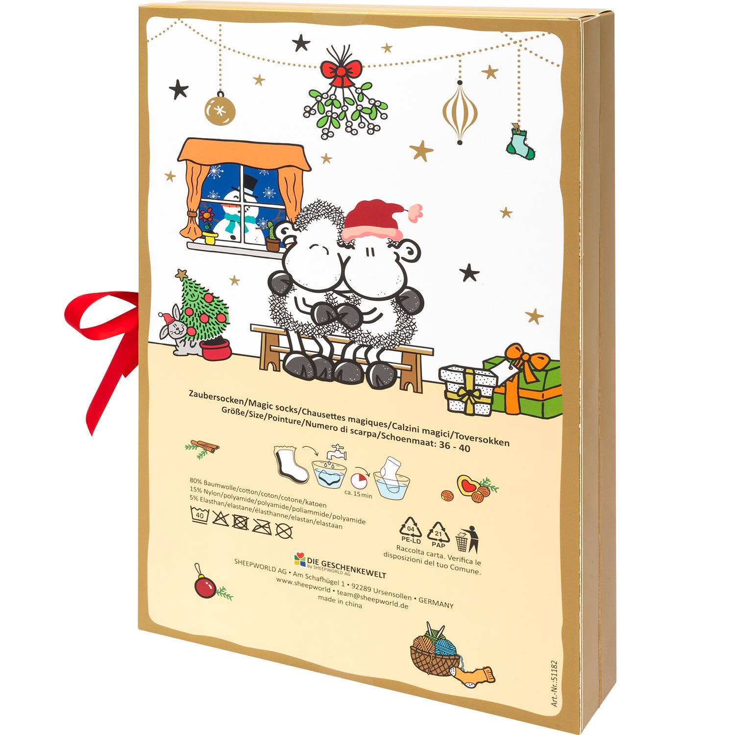 Sheepworld Socken Adventskalender für Frauen | Kalender mit 12 Paar Damensocken, einzeln gepresst in 24 Päckchen, Größe 36-40 | Lustiges Geschenk, Weihnachten | 51182