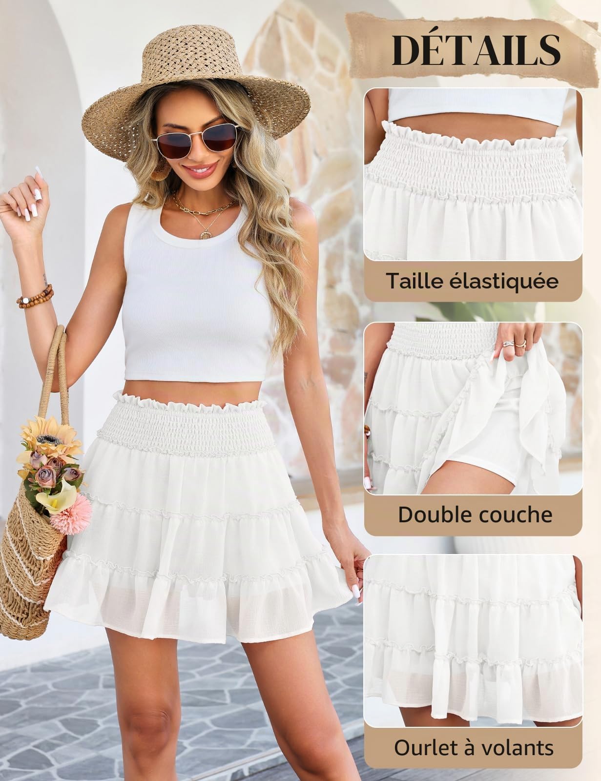 Jupe Femme Mini Ete Chic et Elegant Elastique Taille Haute Courte Jupes Patineuse à Volants en Tulle Couleur Unie Jupe de Plage d'été Décontractée Fluide avec Short