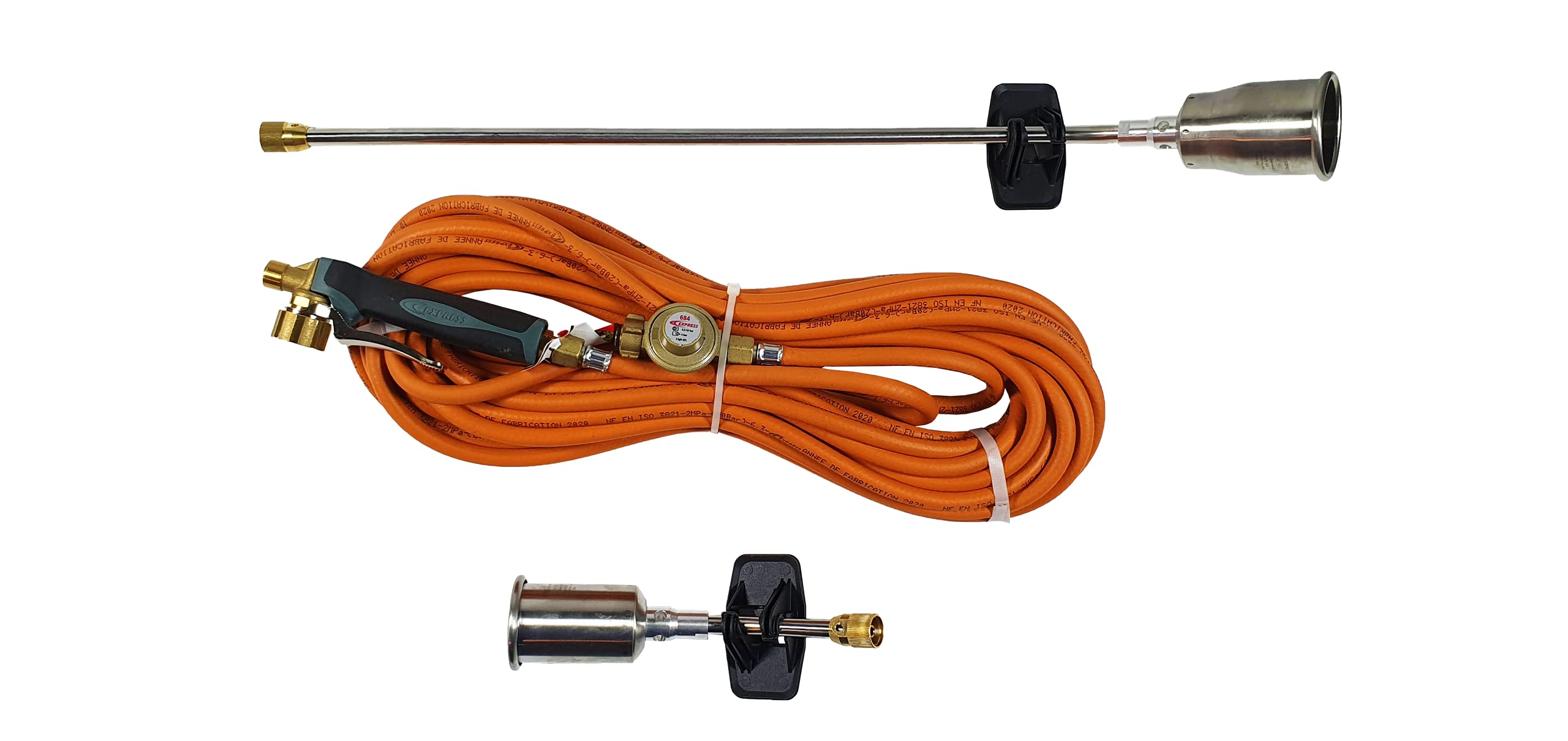Combo INOX Composé de 2 Brûleurs INOX + 2 Cols + 1 Manche à Gâchette Bimatière à Raccord Tournant + 20 m de Tuyau + 1 Détendeur 4 bar - Chalumeau Soudeur - Chalumeau Oxygène - Lampe à Souder - EXPRESS