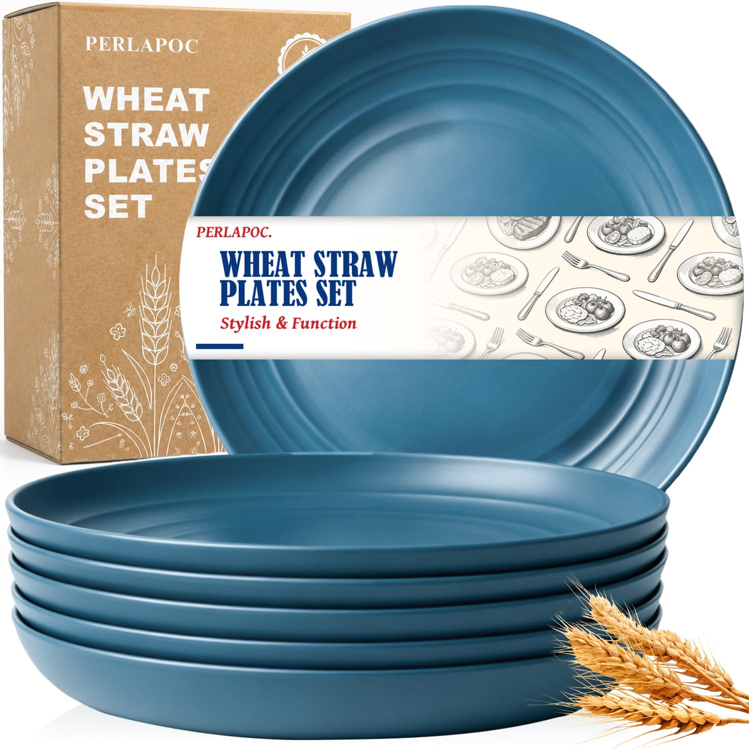 Wheat Straw Deep Plate, 11In Reusable Plastic Plates Set, DarkBlue