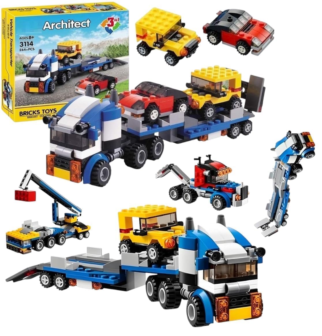 Sky Tech® Architect 3 in 1 Jeep, Car & Truck Vehicle Toys | Transporter Building Brick Block for Kids | Stem Educational Learning Die Toys for Kids | Creative Construction Toy (264 Pcs)