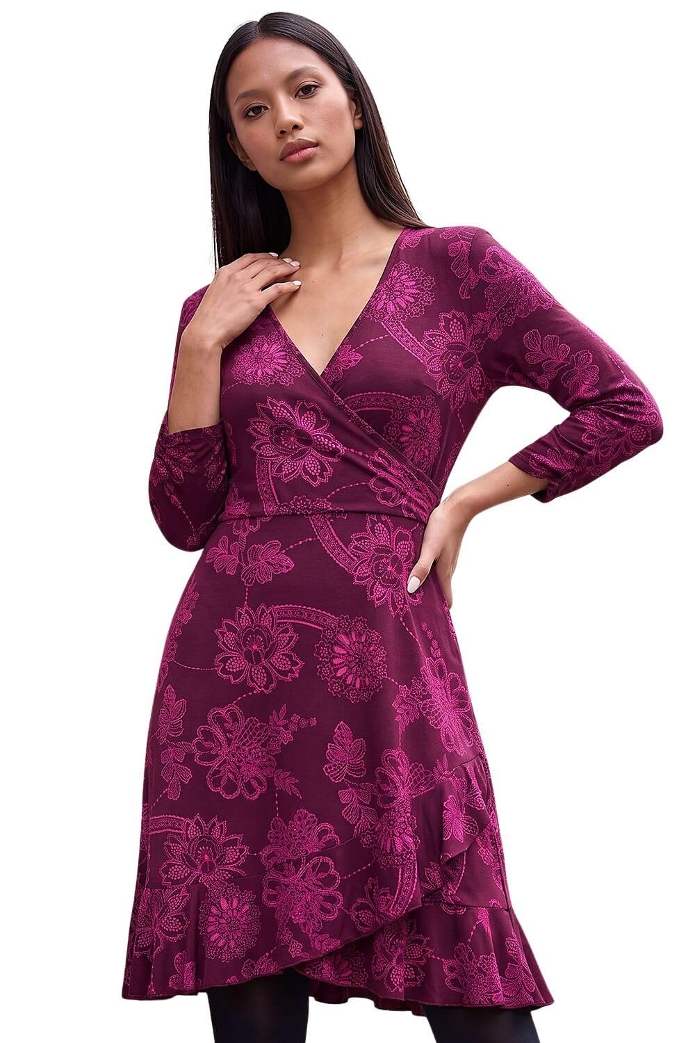 Roman Originals Women's Petite Magenta Roman Wrap Tea Dress For Uk Fit Flare Skater Swing Stretch Frill Long & Short Sleeve Evening Cocktail Party Work Office Smart Casual Knee Length
