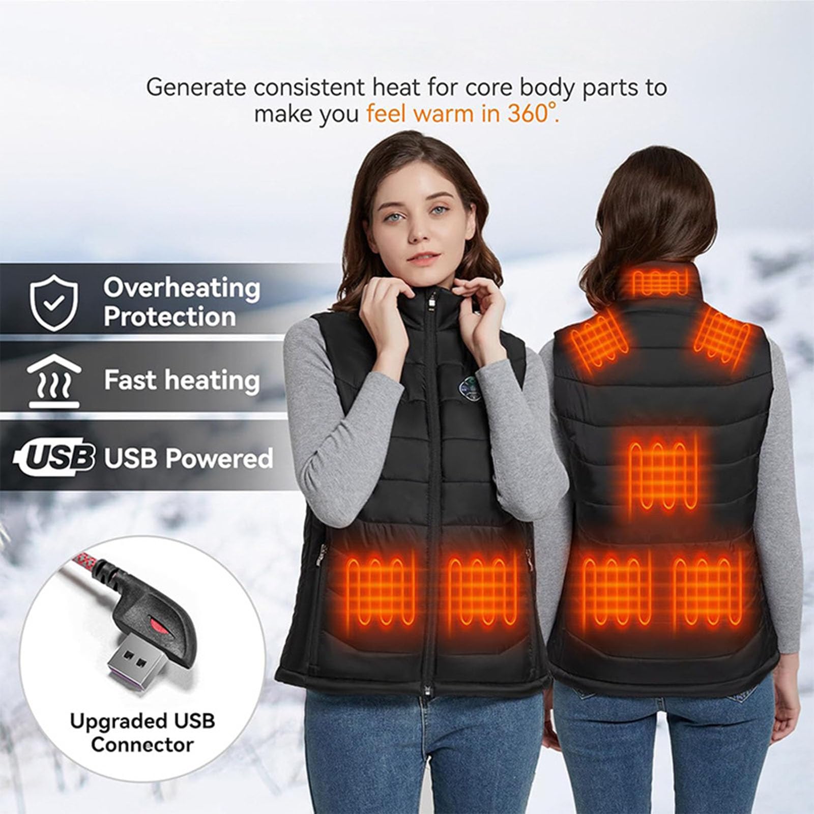 Giubbotto riscaldante ricaricabile per esterni, distribuzione rapida del calore, unisex, design regolabile, con tecnologia