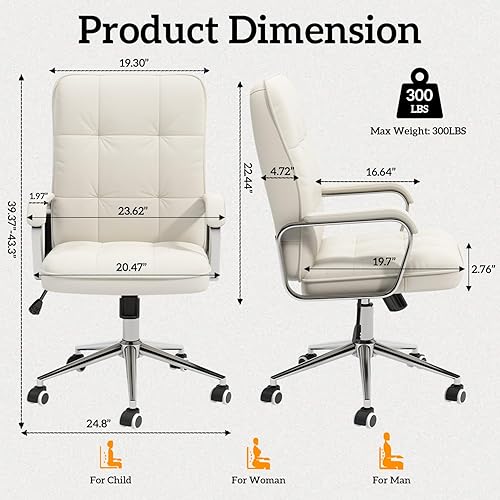 Miniatura 2 de Silla de oficina blanca con cuero suave, silla giratoria de escritorio ejecutiva con ruedas y brazos acolchados, altura ajustable
