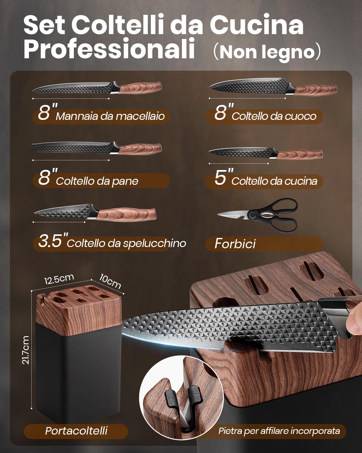 Coltelli da Cucina, 7 Pezzi Set Coltelli da Cucina Affilati con Blocco, Lame Acciaio Inossidabile di Qualità e Manici Ergonomici, Coltello da Cucina Professionali per Uso Domestico（Non Legno）