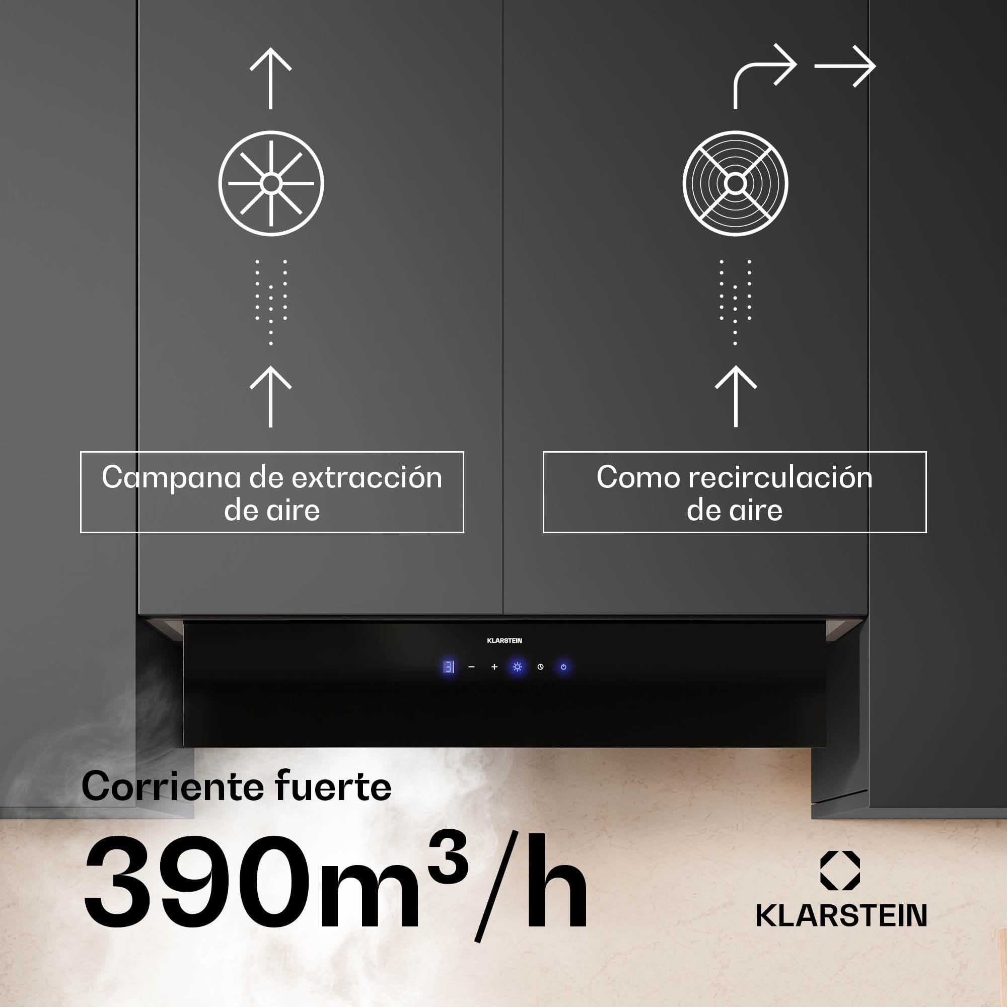 Klarstein Ventimate Campana Integrada, 85cm Campana Extractora con Control Táctil, 390 m³/h, Eficiencia Energética A+, Motor Silencioso, Luz LED, Filtro de Carbón para Recirculación, Negro