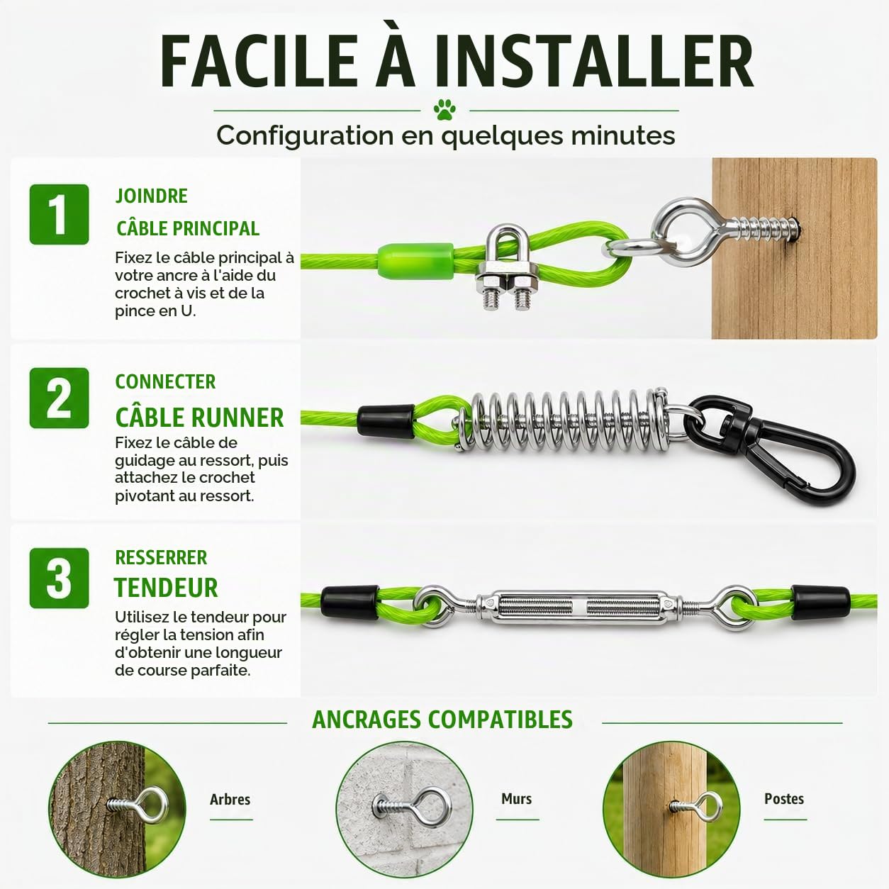 Câble d'attache robuste de 18,3 m - Système de chariot pour chiens de taille moyenne et camping - Grand câble de course pour chiens pesant jusqu'à 113,4 kg