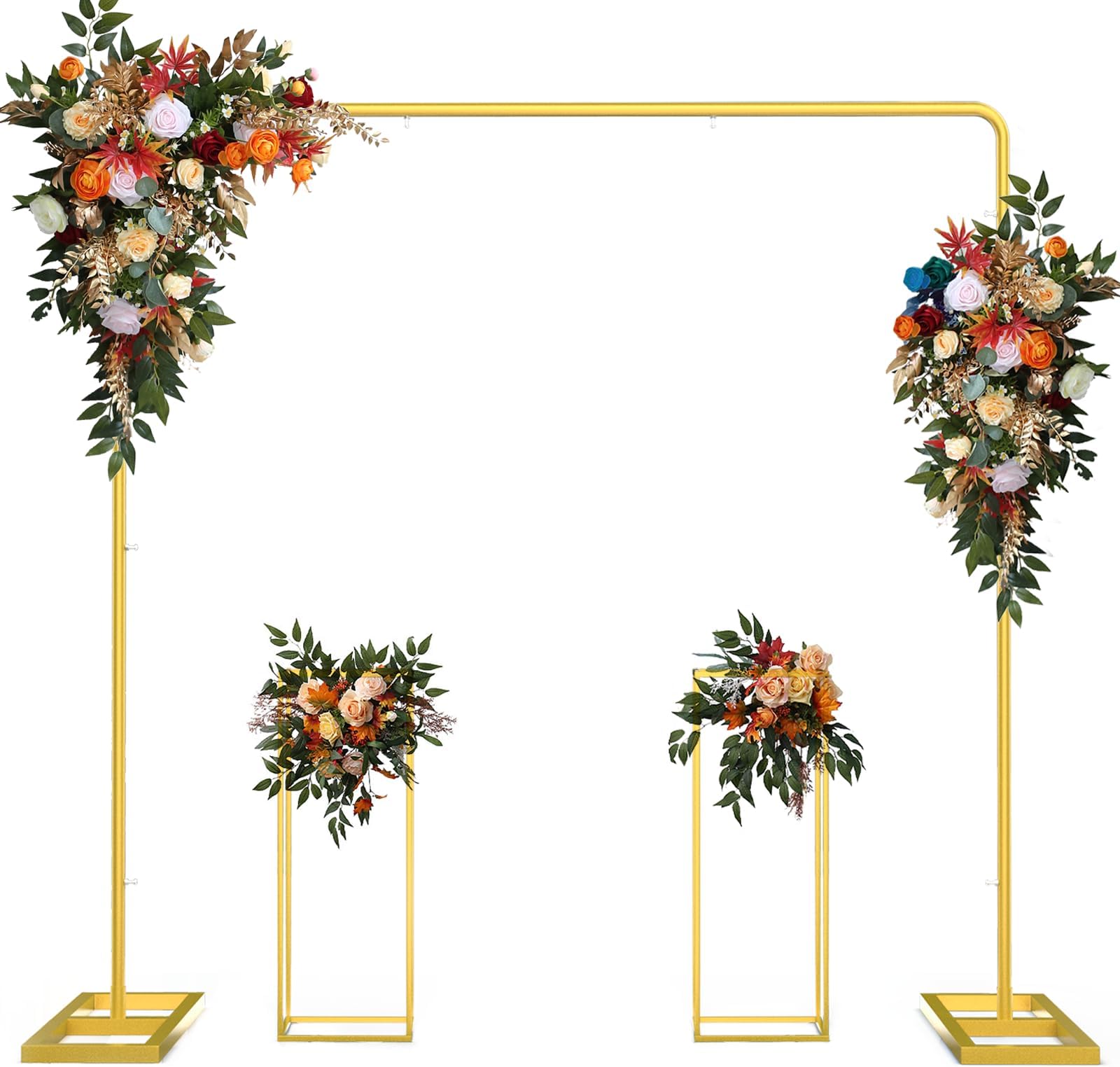 SEUNSHANY Wedding Arch Backdrop Stand, 7.2FT x 7.2FT Wedding Arches for Ceremony, Gold Balloon Arch Stand with Flower Stand for Wedding, Birthday, Baby Shower, Anniversaryand and Any Celebration