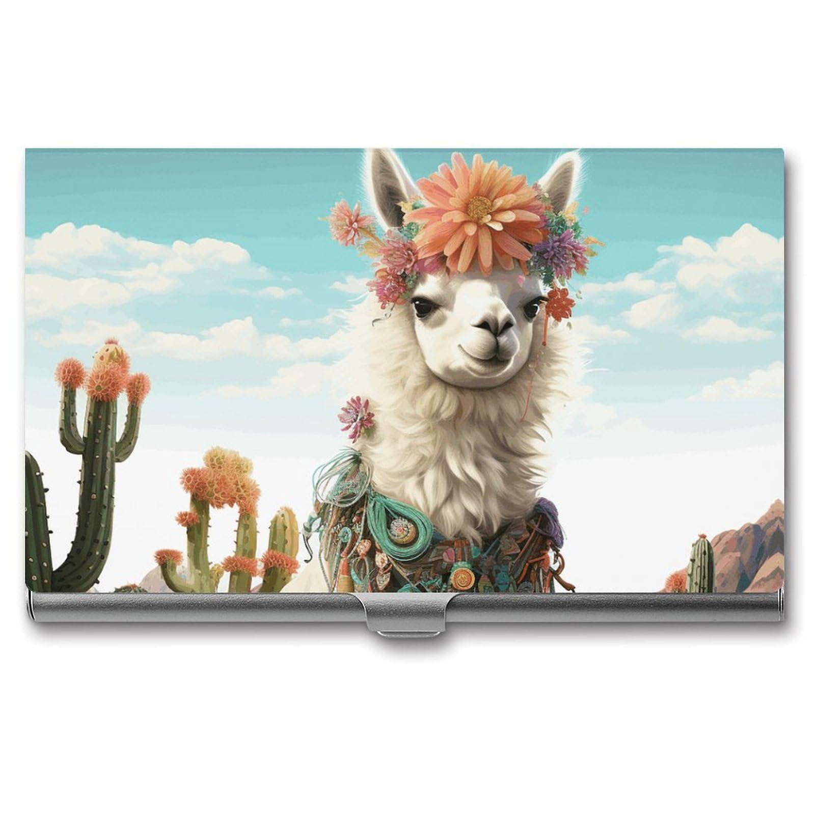 BTCOWZRV Mexican Llama Cactus Business Card Holder Metal Slim Business Card Case, Pocket Card Holder for Men Women Purse Name Card Holder Stainless Steel Wallet Credit ID Case for Office