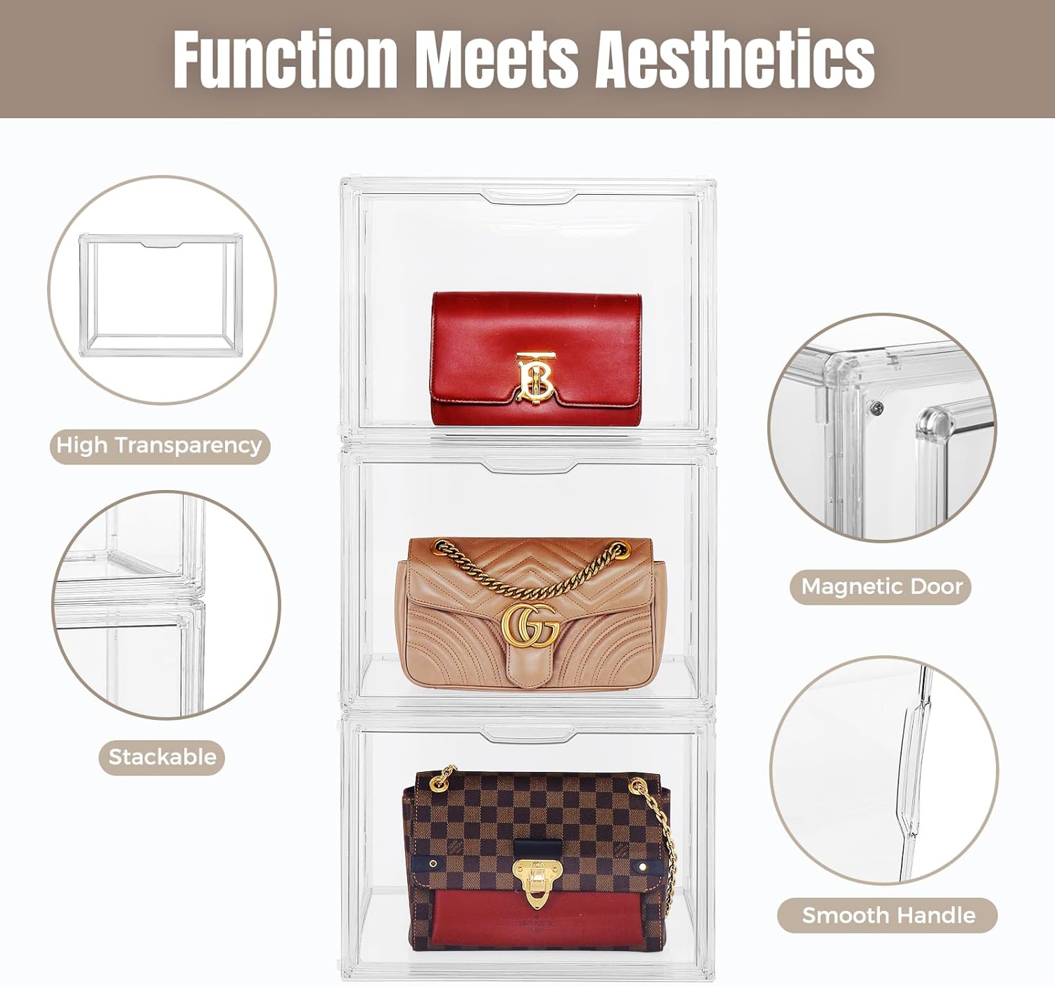 6Pack Purse Organizer for Closet Clear Acrylic Display Case Handbag Storage Organizer Box with Magnetic Door Stackable Storage Bins with Dustproof Lid for Book Toys Shoes Cosmetic Collectibles - Image 2