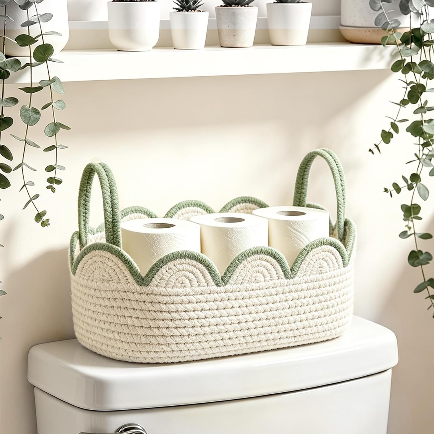 JarThenaAMCS Scalloped Cotton Rope Storage Basket for Toilet Tank Top Sage Green White Woven Decorative Toilet Paper Basket for Bathroom Restroom Counter Toiletries & Roll Tissue Storage