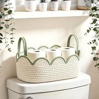 JarThenaAMCS Scalloped Cotton Rope Storage Basket for Toilet Tank Top Sage Green White Woven Decorative Toilet Paper Basket for Bathroom Restroom Counter Toiletries & Roll Tissue Storage