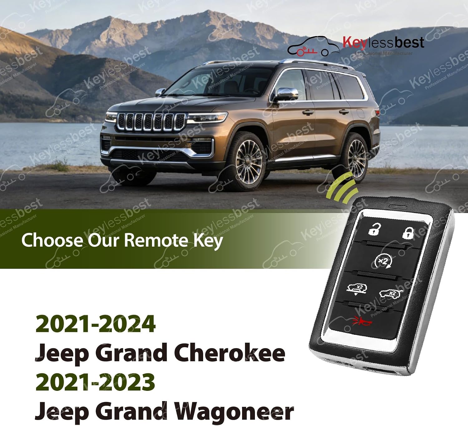 Replacement for 2021 2022 2023 2024 Jeep Grand Cherokee Wagoneer Key Fob Remote Control M3NWXF0B1 6 Buttons 433.92MHz