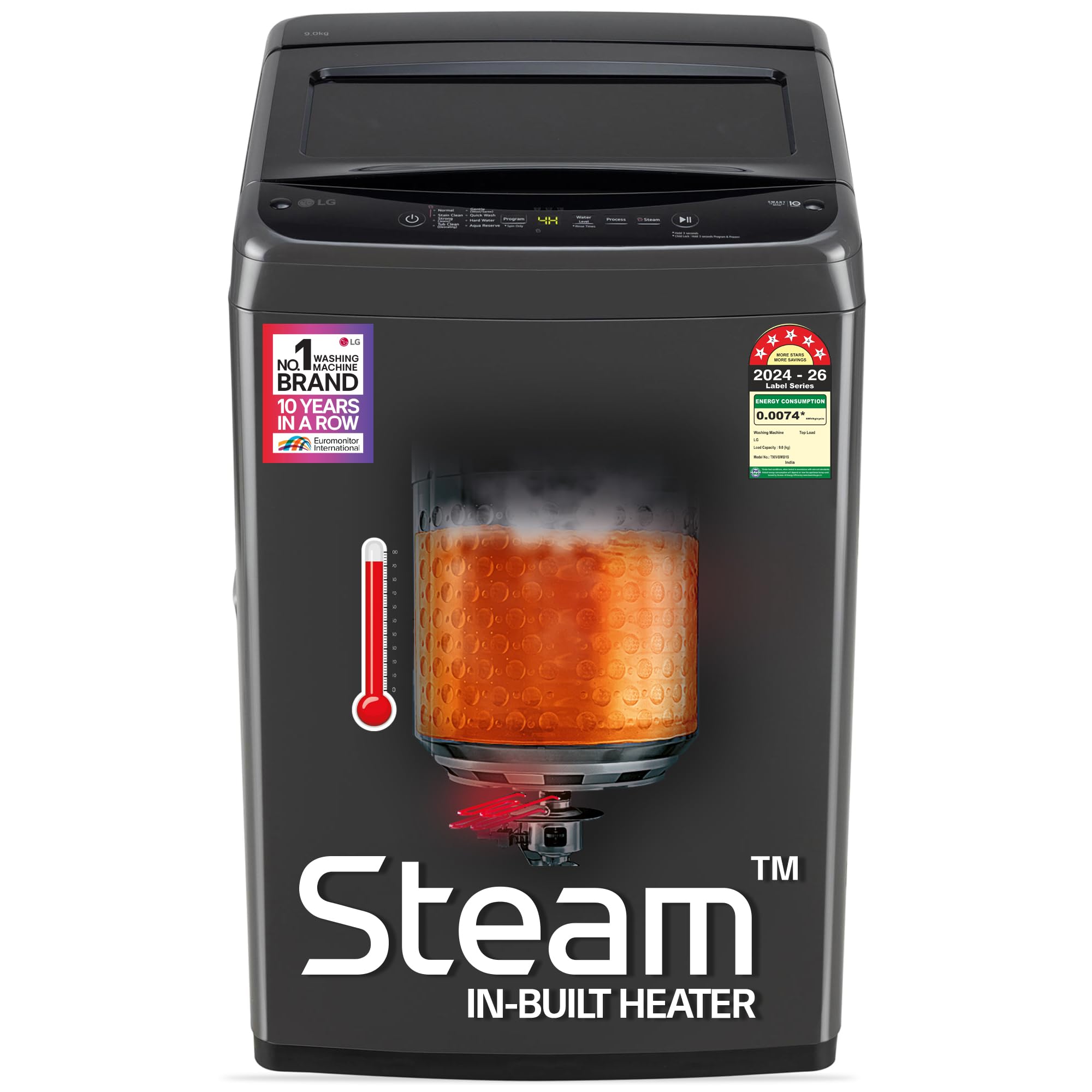 LG 9 Kg, 5 Star, Smart Inverter Technology, In-built heater with Steam, Fully Automatic Top Load Washing Machine (T90VBMB1S, Turbodrum, Stain Clean, LED Display, Smart Diagnosis, Middle Black)-image-9