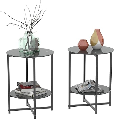 Miniatura 4 de NewCosmos Juego de 2 piezas negro mesa auxiliar de vidrio templado para dormitorio sala de estar oficina