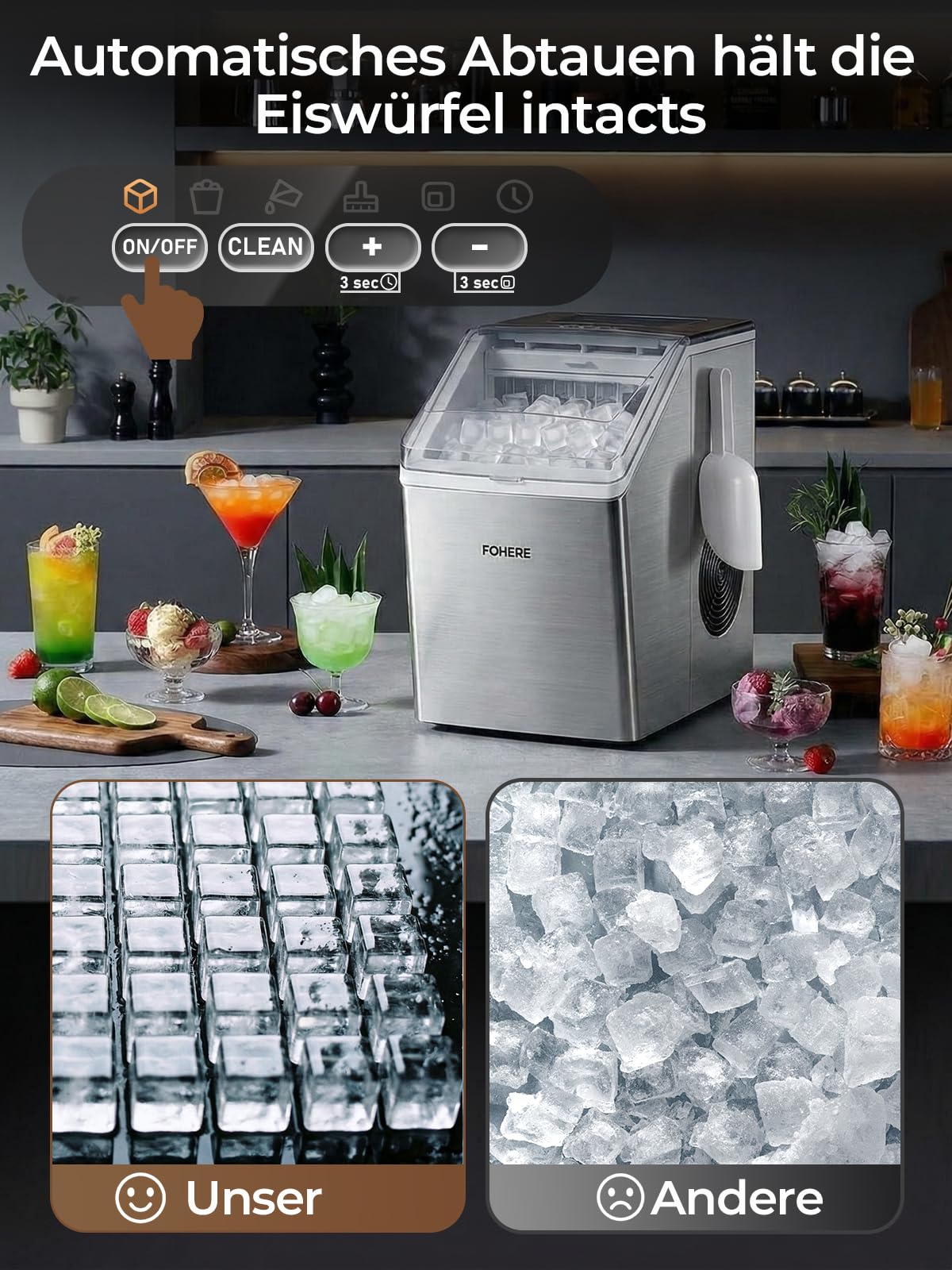 FOHERE Eiswürfelmaschine Edelstahl, 24kg/24h, 24 Eiswürfel in 10 Min, 3.2L Dual-Wasserzufuhr, 40 dB Flüsterleise, Timer & Selbstreinigung & Abtaufunktion, für Hausbar & Partys
