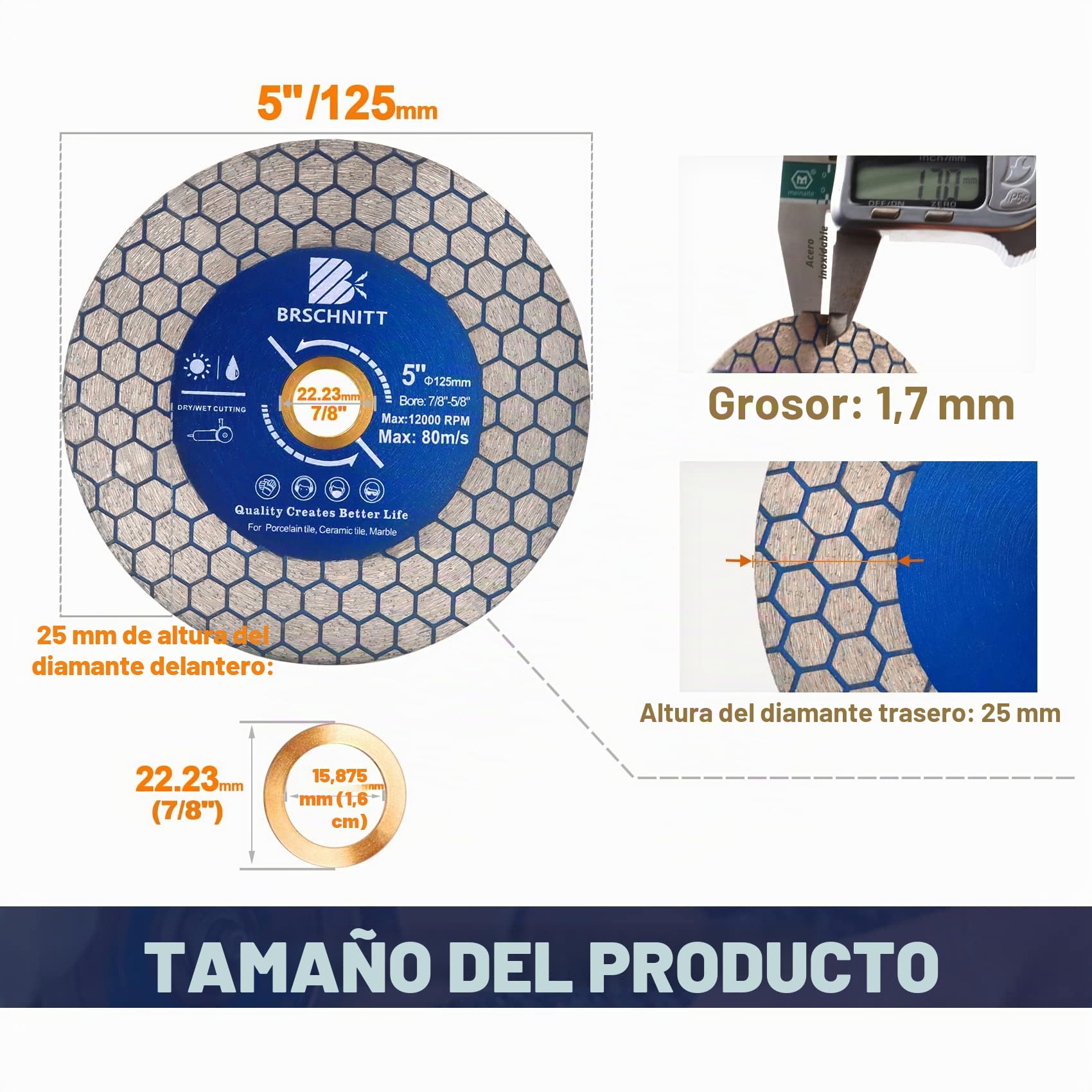 Disco Diamante - 125mm x 22,23mm Doble Lado Disco Corte Porcelanico Molienda para Porcelánico Cerámica Azulejos Mármol Granito Piedra Artificial Cuarzo
