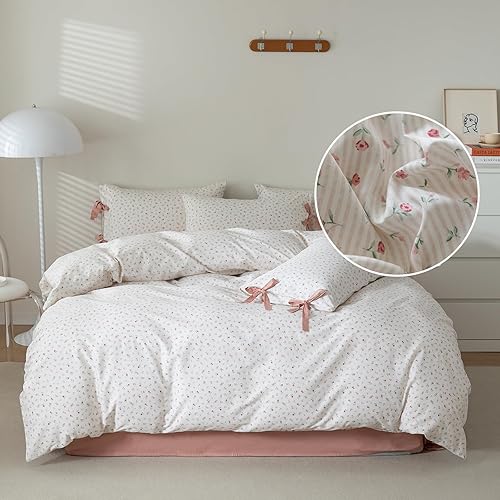 Funda de edredón blanca, tamaño Queen, estilo jardín, funda de edredón de flores rosas, 100% algodón, funda de edredón floral 1 funda de edredón