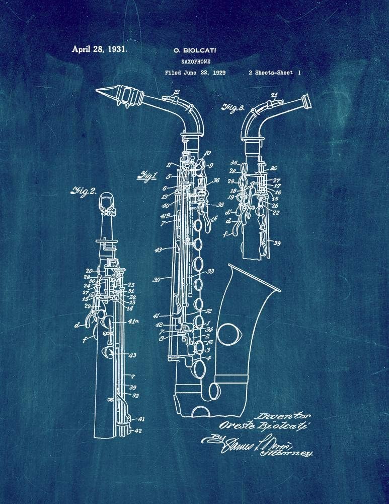 Saxophone Patent Print Midnight Blue (13" x 19") M12398