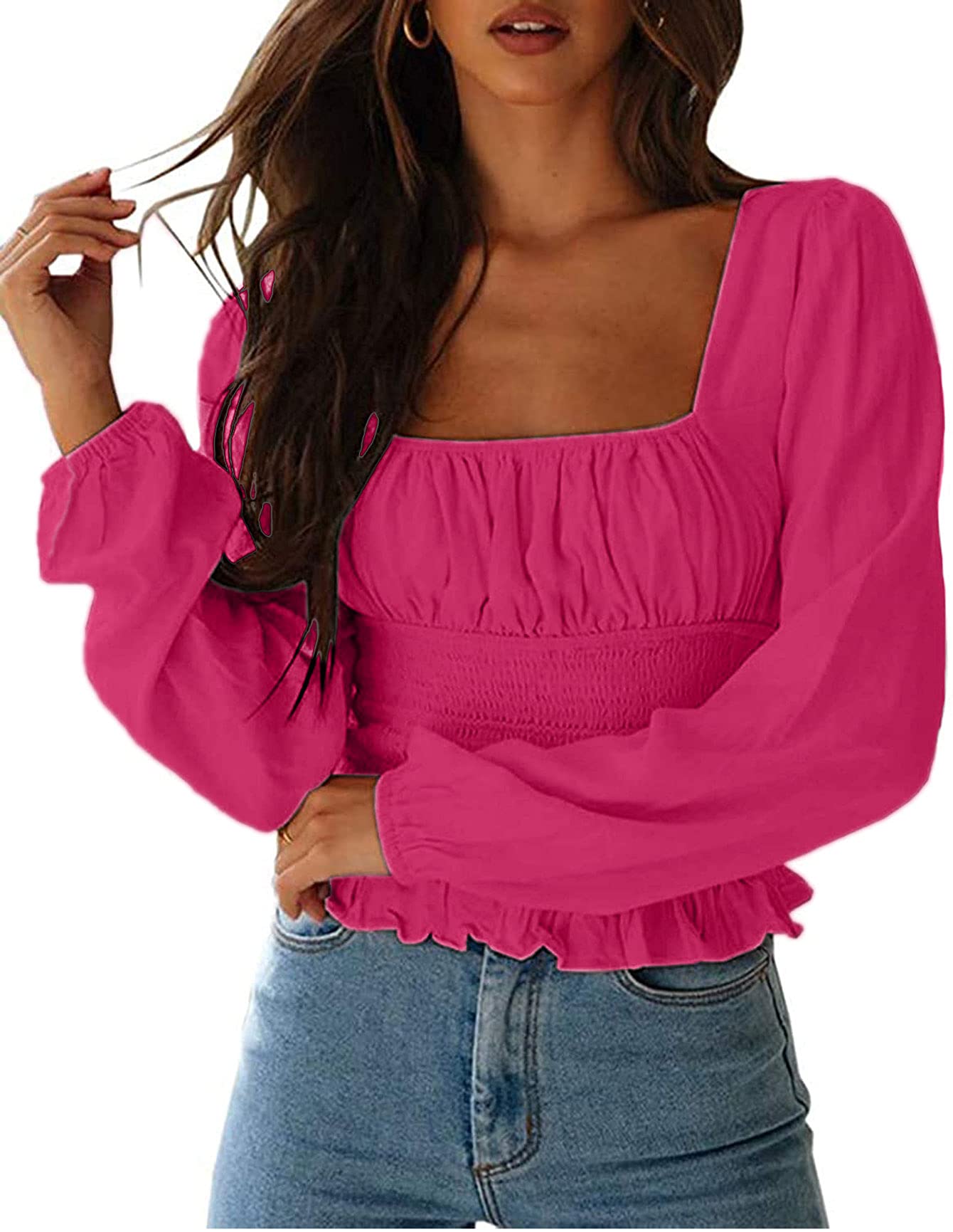 SOFIA'S CHOICE Women's Square Neck Frill Smocked Crop Top Ruffle Hem ...