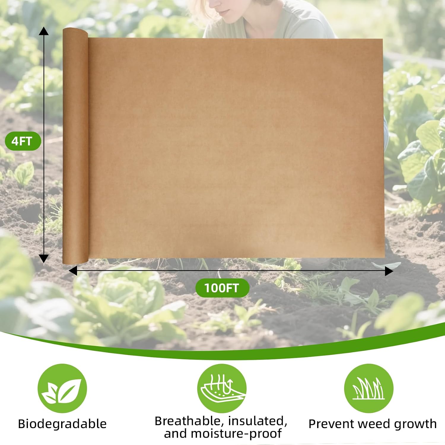 4 x 100Ft Biodegradable Weed Barrier, Garden Paper Weed Barrier, Heavy Duty Garden Paper Biodegradable, Used as Vegetable Growth, Outdoor Garden Lawn a Weed Control Barriers