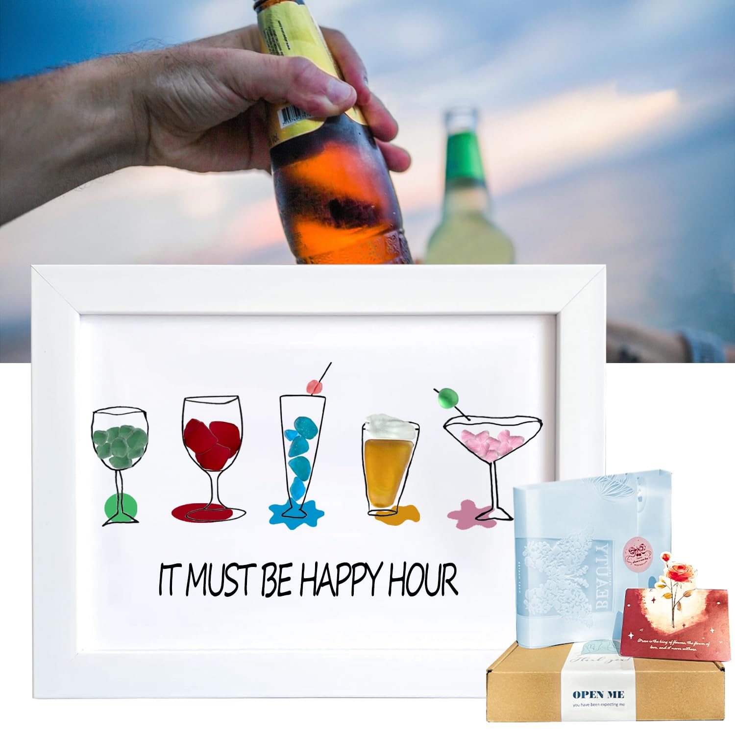 Amazon.com: Sea Glass Art for Cocktail Parties - Great Friends Bring Wine,  8x6 Framed Handmade Sea Glass Wall Art Decor, Champagne Wine Art work: Wall  Art