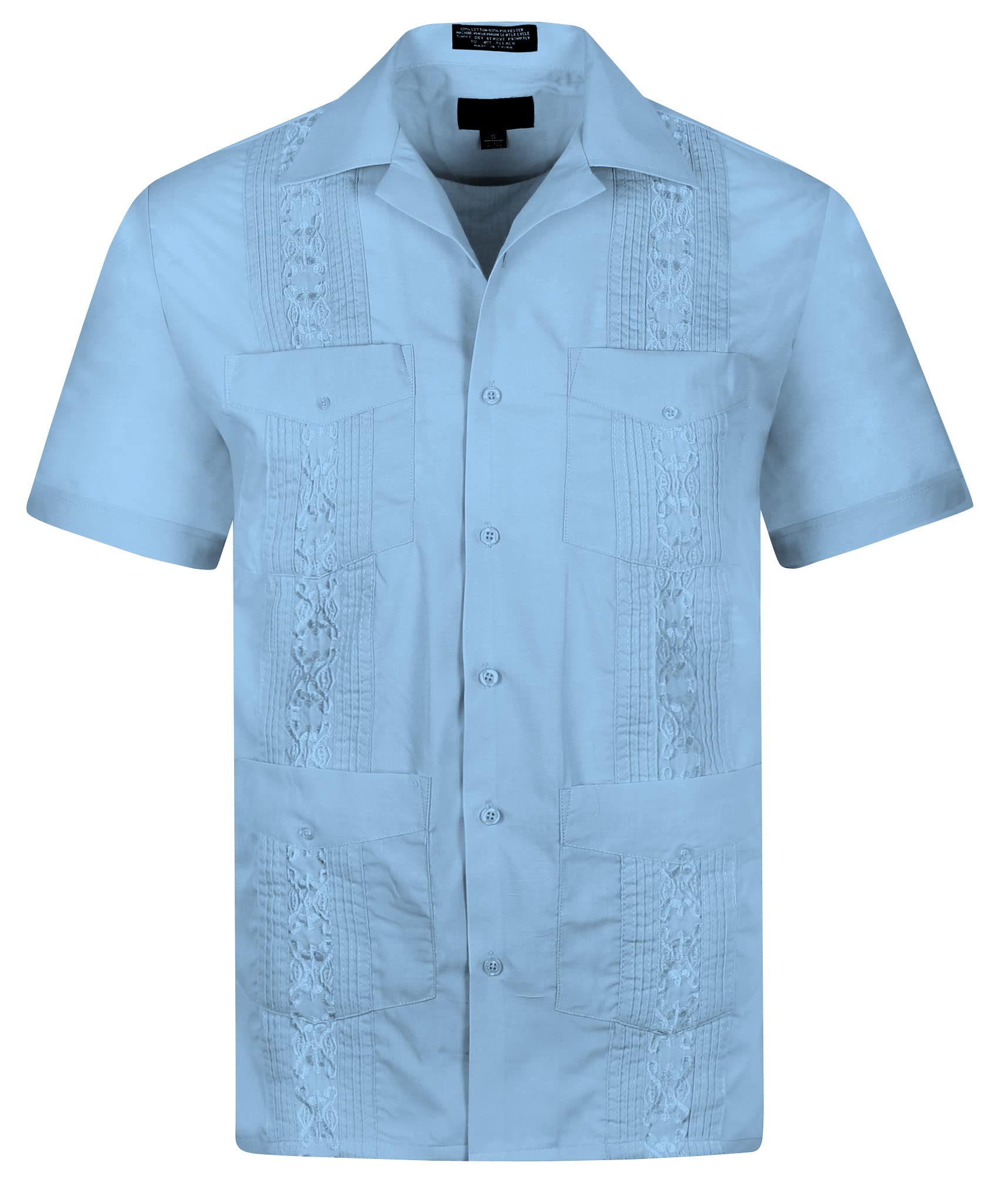 Omegatux Men's Light Blue Omega Cuban Guayabera Short Sleeve Shirt, Wedding Cigar Beach Bartender Casual - Blue - Medium