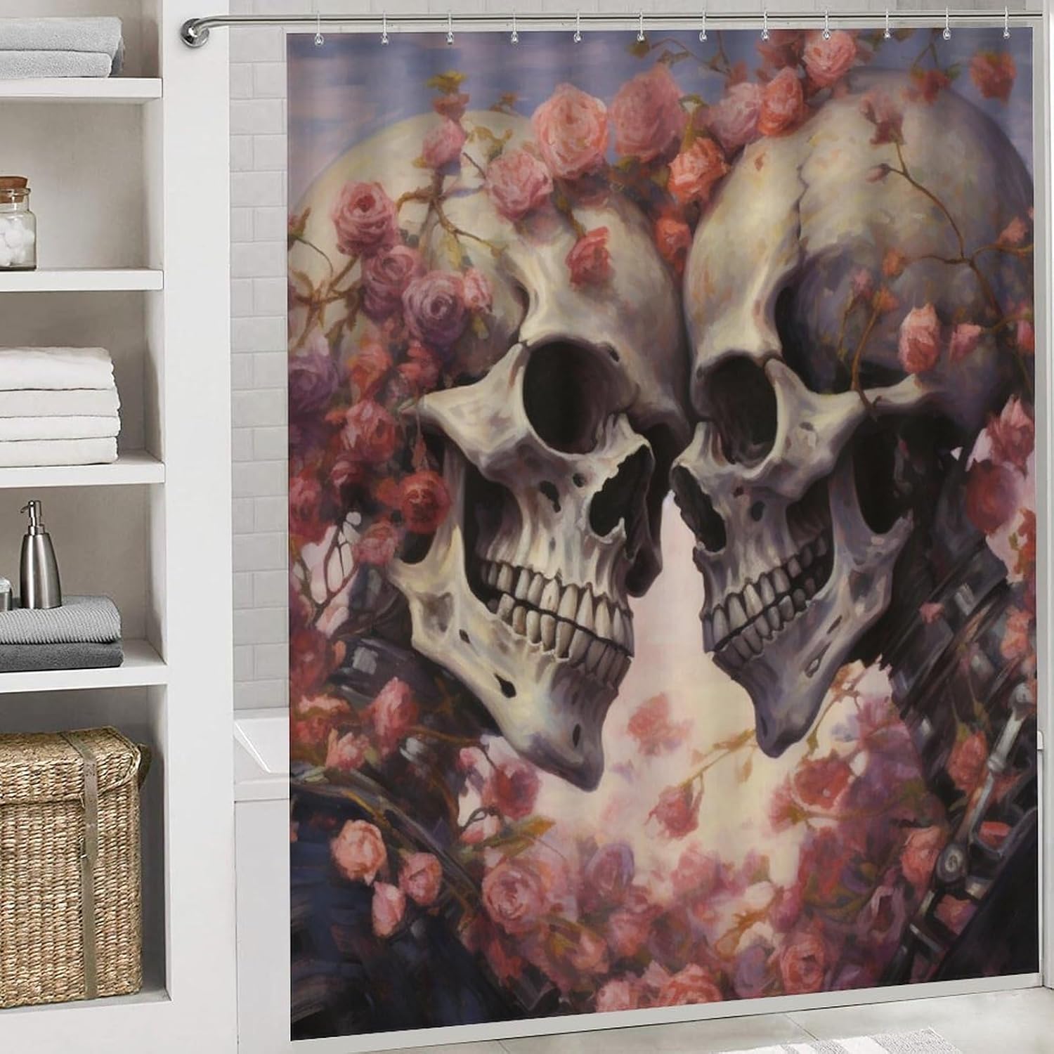 4Pcs Romantic Skeleton Shower Curtain Sets with Non-Slip Rugs, Toilet Lid Cover and Bath Mat, Classical Skull Flowers Vintage Bathroom Decor Set Waterproof Shower Curtains with 12 Hooks