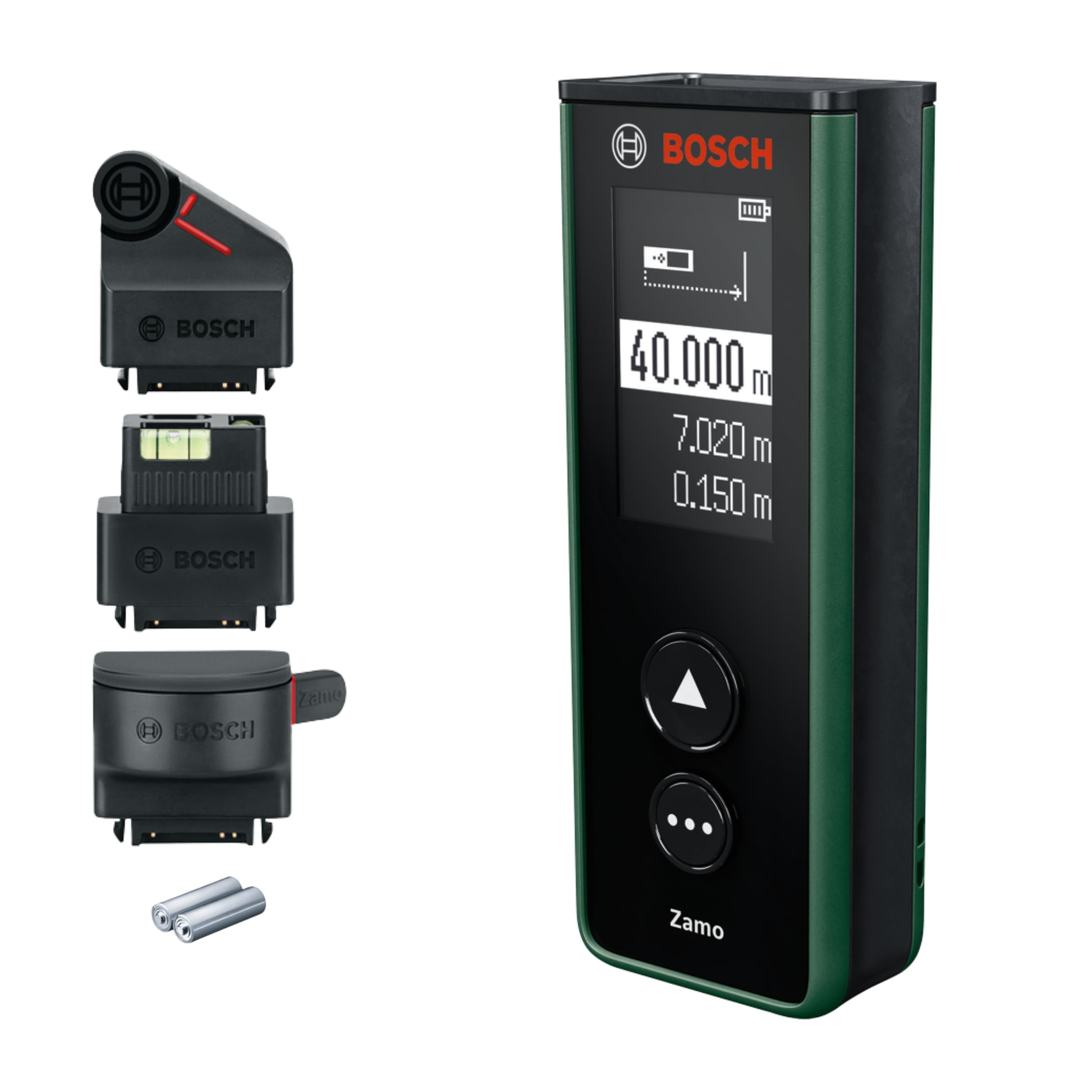 Bosch Télémètre Laser Zamo Set (portée jusqu’à 40 m, rechargeable USB‑C, mémorise 10 mesures, incl. adaptateurs ligne, roulette et ruban, piles AAA rechargeables et housse)