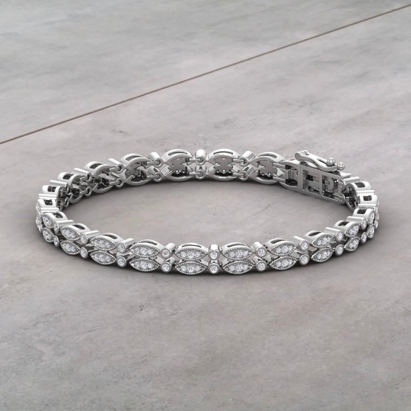 0.9 to 1.05 Carat Natural Diamond Vintage Bracelet for Women with Round and Marquise alternate link in 2 rows in 10K Gold(6.5 Inch to 8 Inch)