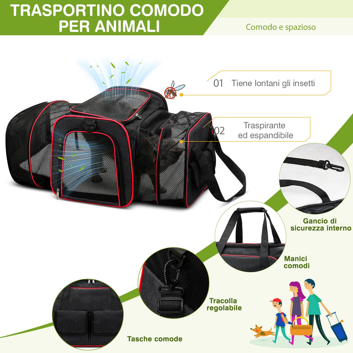 ALLSOPETS Trasportino per Cani Gatti Espandibile Trasportino Pieghevole per Gatti con Morbido Cuscinetto in Pile Rimovibile per Viaggio Escursioni Campeggio (Nero, L)