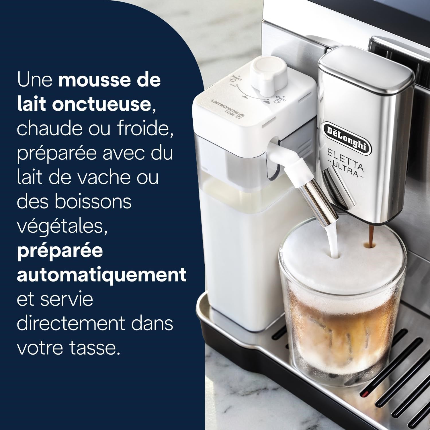 De'Longhi Eletta Ultra - Perfetto Machine à Café Automatique, LatteCrema Mousseur à Lait Automatique, 50+ Boissons Chaudes et Froides, Technologie Silencieuse, Écran Tactile, Métal (ECAM472.85.MB)