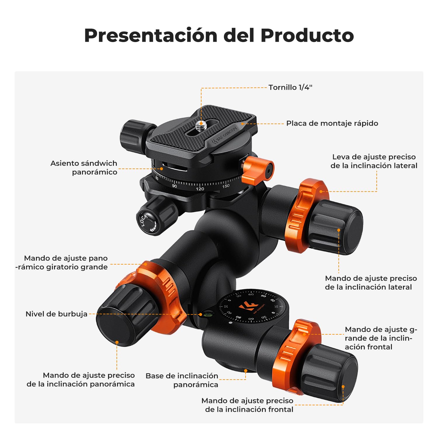 K&F CONCEPT Cabezal de Trípode con Engranaje, Cabeza Esférica Panorámica de 360° con Placa de Liberación Rápida, GD-3W Geared Tripod Head, Cabezal de 3 Vías para Trípodes Carga de 5kg