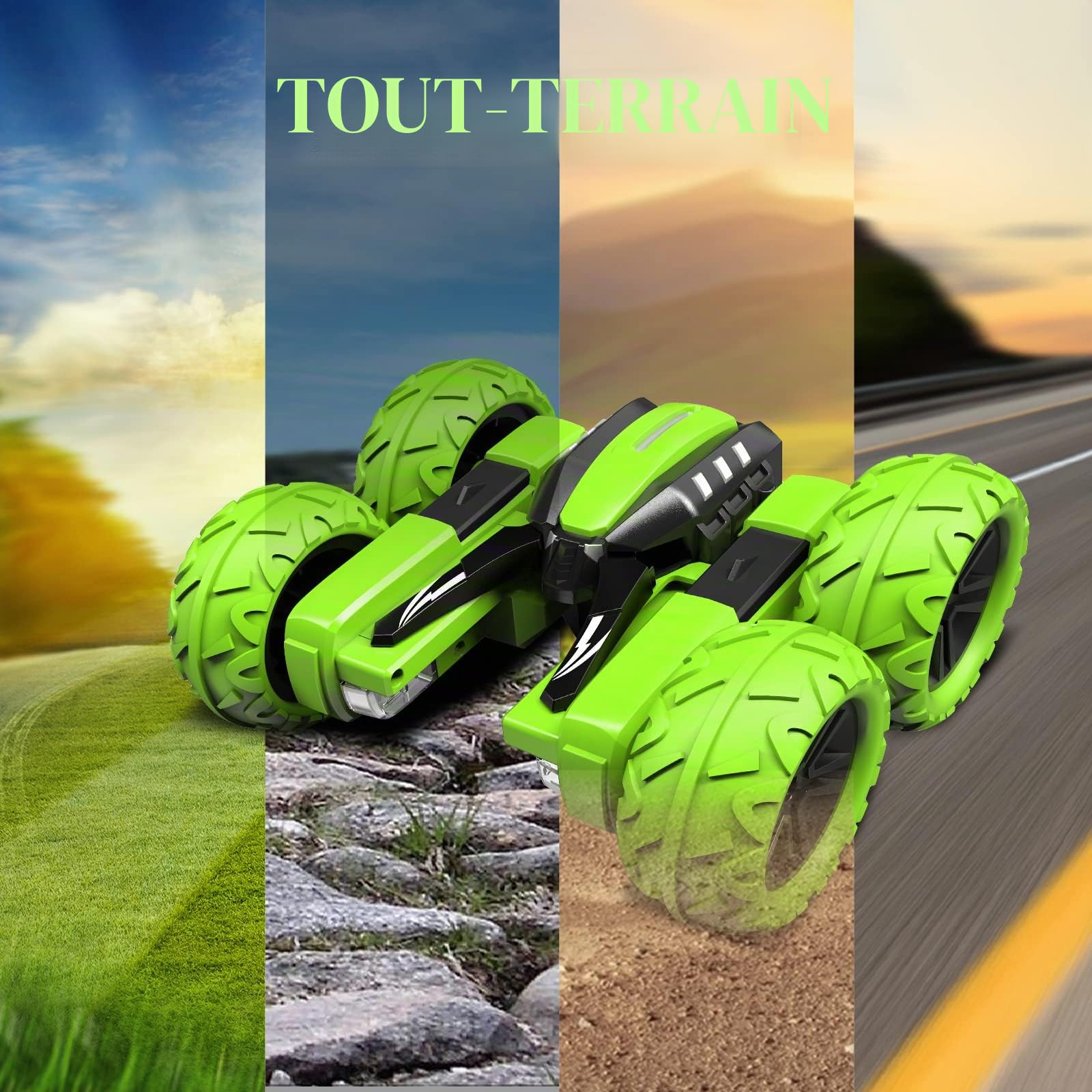 Amicool RC Voiture Telecommandé Tout Terrain, 4WD 360°Rotation Stunt Car Offroad RC Véhicule avec LED, 2.4GHz Voiture Radiocommandee Crawlers pour Enfants 6-12 Ans G03080R(Vert)