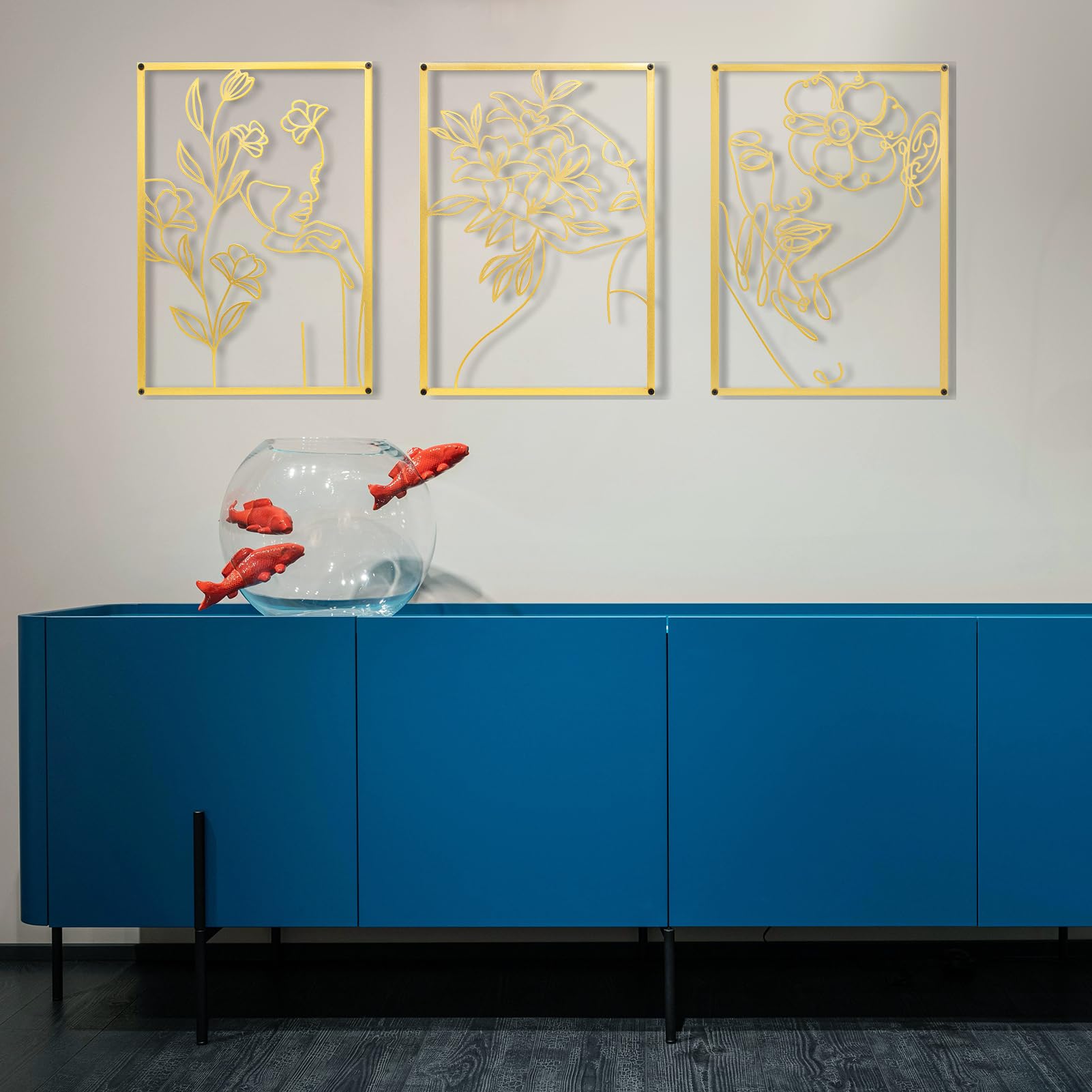 HOTNIUGold Metal Wall Decor 3 Pieces Minimalist Abstract Wall Art Women Face with Flower Line Drawing Wall Sculptures Aesthetic Home Wall Hanging Decor for Bedroom Living Room Bathroom,Style 2