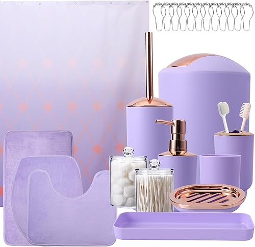 Juego de 25 accesorios de baño morados con cortina de ducha y alfombras completas, bote de basura, dispensador de loción, jabonera, cepillo de