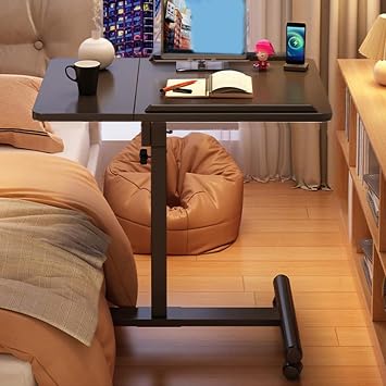 Overbed Bedside Table with Wheels, Tilting Adjustable Hospital Bed Table Over The Bed, Standing Rolling Desk Adjustable Height, Small Computer Cart for Couch, OfficeBlack