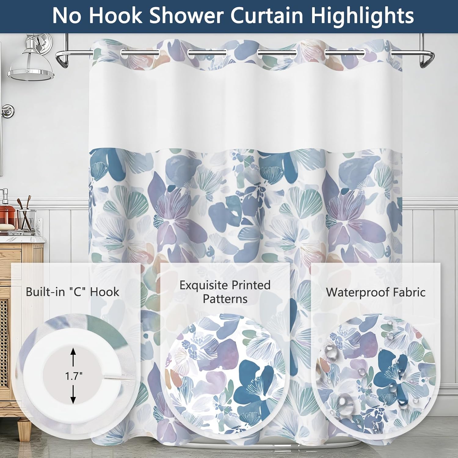 No Hook Shower Curtain with Snap in Liner and Weighted Hem, Abstract Watercolor Floral Shower Curtains for Bathroom, Double-Layer Waterproof Fabric Shower Curtains with Sheer Top Window, 71x74 Inches
