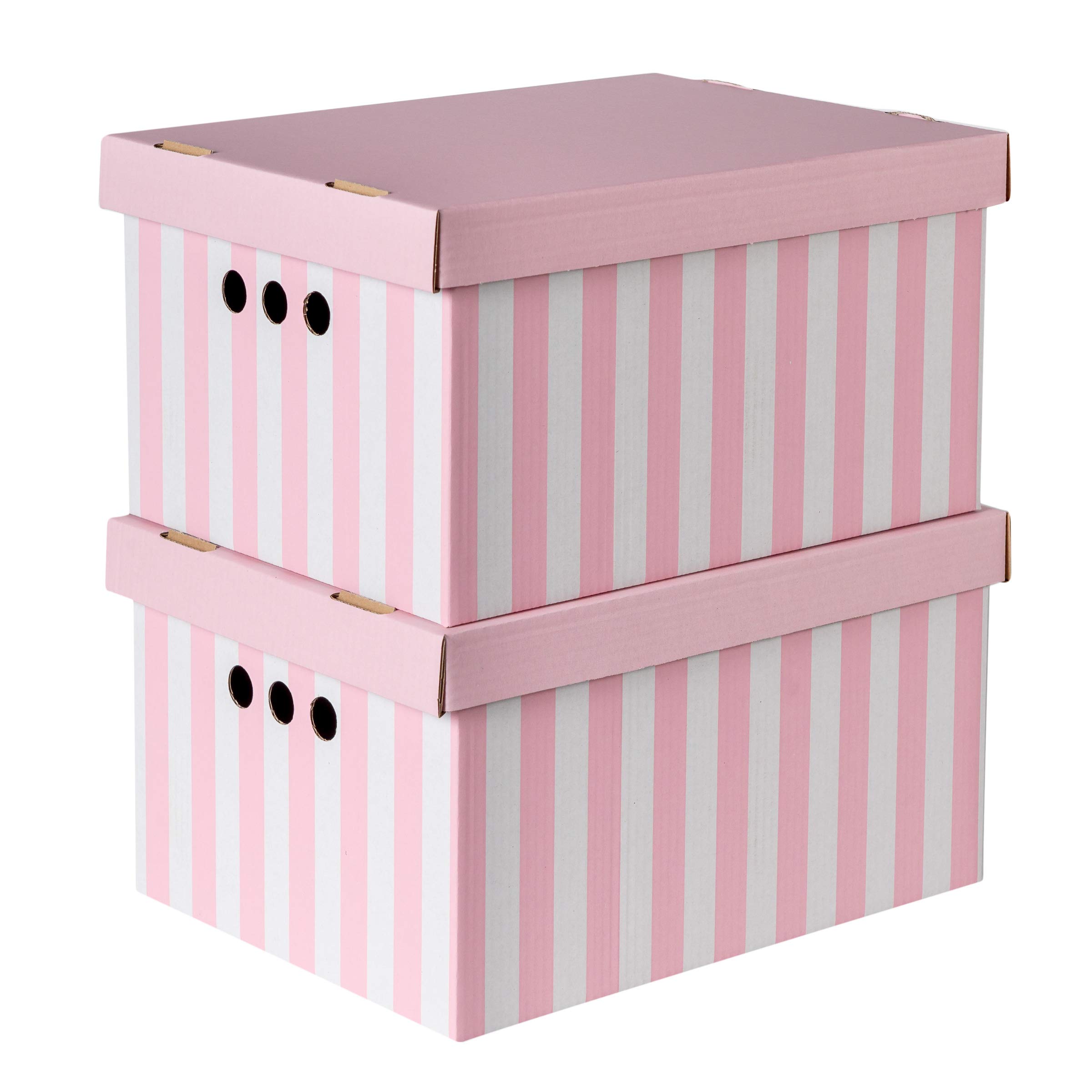 SOFTILLO Pack of 2 Decorative Storage Boxes With Lids Home Office Bedroom Wardrobe Box Organiser Archive Box with Lid Multi-Use General Storage Archive Box with Lid Stylish Set XLarge Pink Stripes — view 2