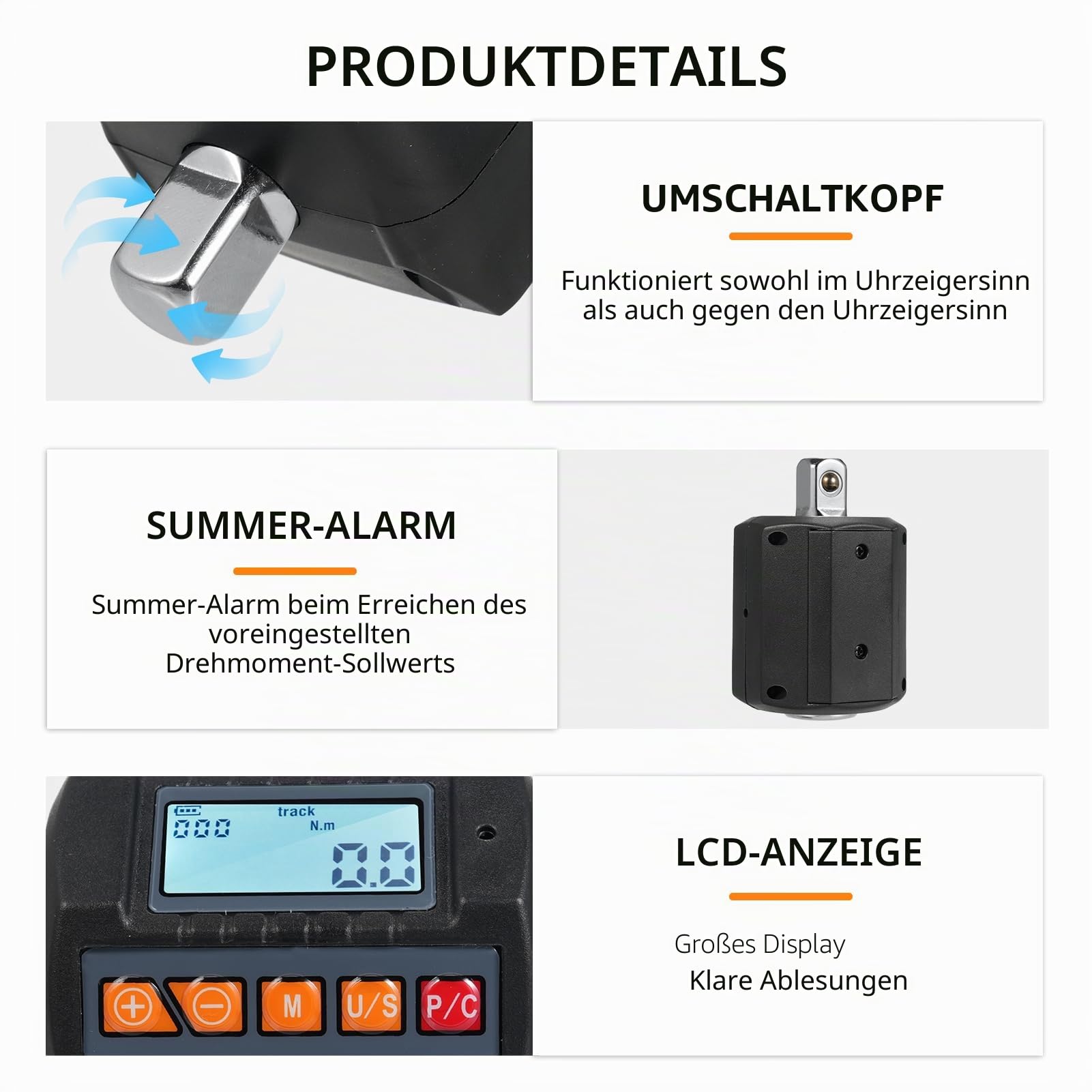 Drehmomentprüfer mit digitalem Display, Torsionsprüfer mit Schlüssel 1/2 Zoll und enthält Adapter für 3/8 Zoll und 1/4 Zoll mit Alarmfunktion von 4 hochpräzisen Torsionseinheiten
