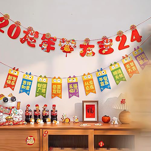 Miniatura 3 de Pancartas de Año Nuevo Chino 2024, 2 piezas de telón de fondo de Año Nuevo Lunar, decoraciones para colgar, guirnalda de banderines de festival de