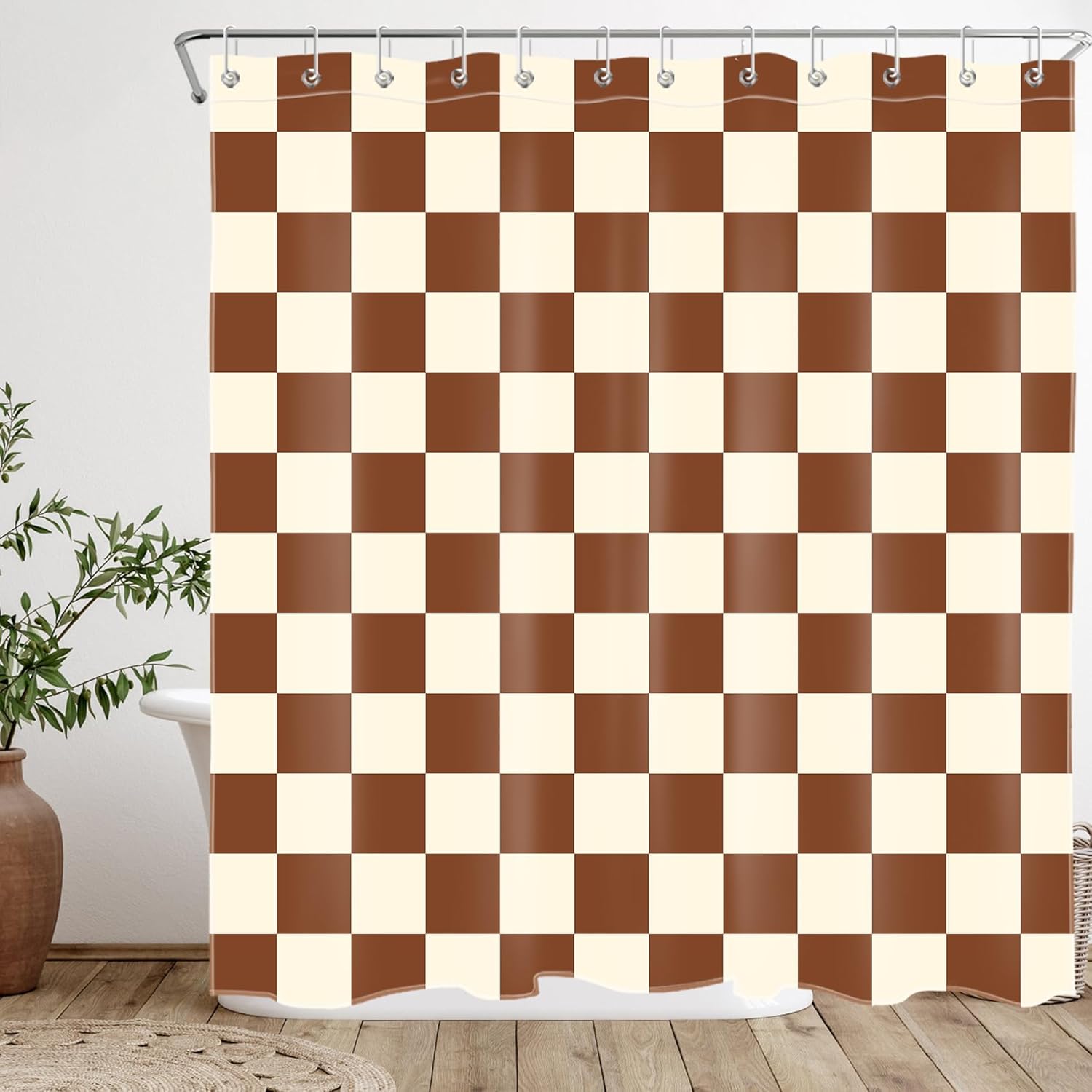 Brown Vintage Checkered Shower Curtain for Bathroom, Cute Retro Plaid Beige Checkerboard Shower Curtain with Hooks Aesthetic Modern Style Bathroom Decor, 72W x 78L inches