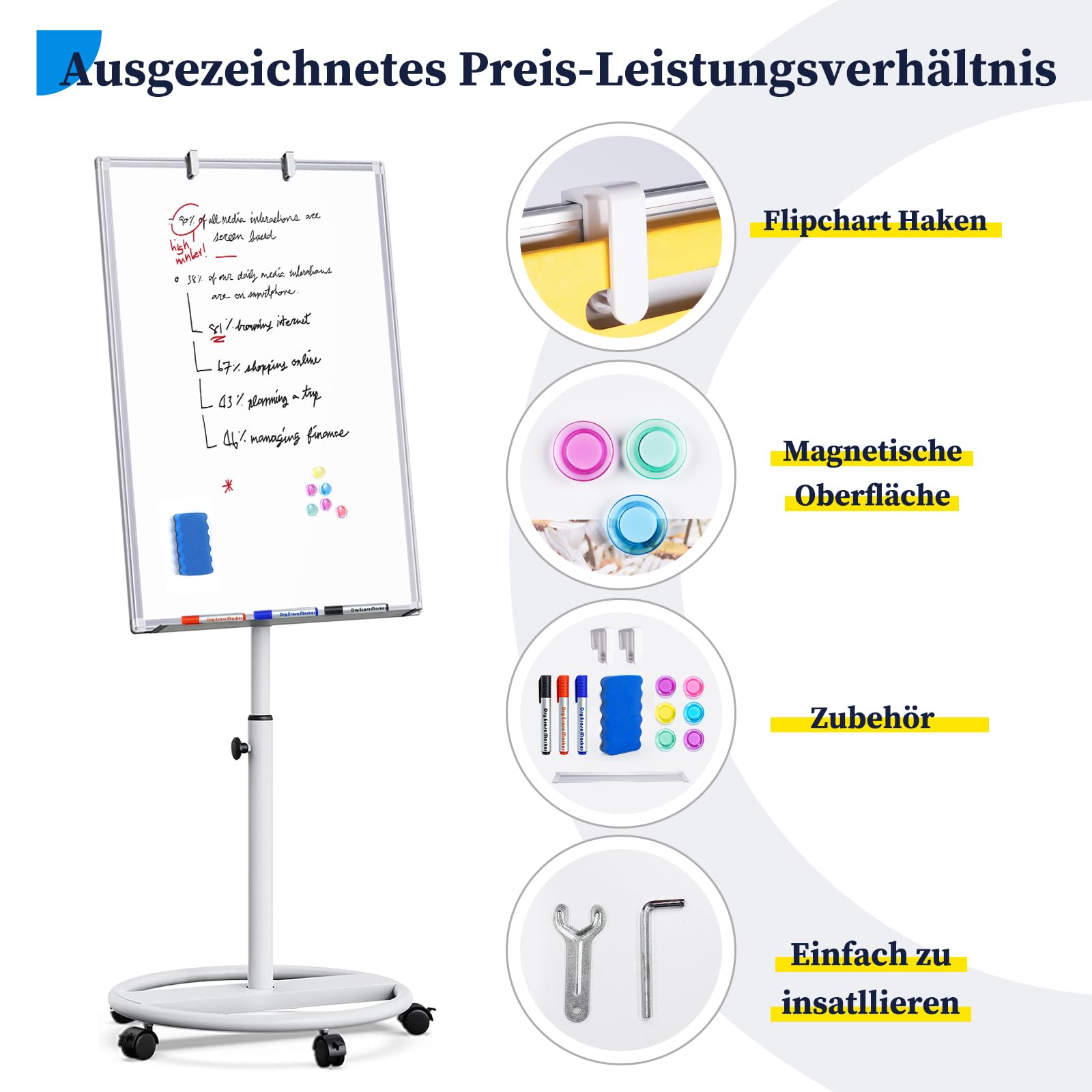 maxtek Flipchart Ständer, 90x60cm Flipcharts Whiteboard, Aluminiumrahmen Haken Verschieben Flipchart Papier, Magnetisch Beschreibbare Höhenverstellbar, Radierer, Markern und Magneten