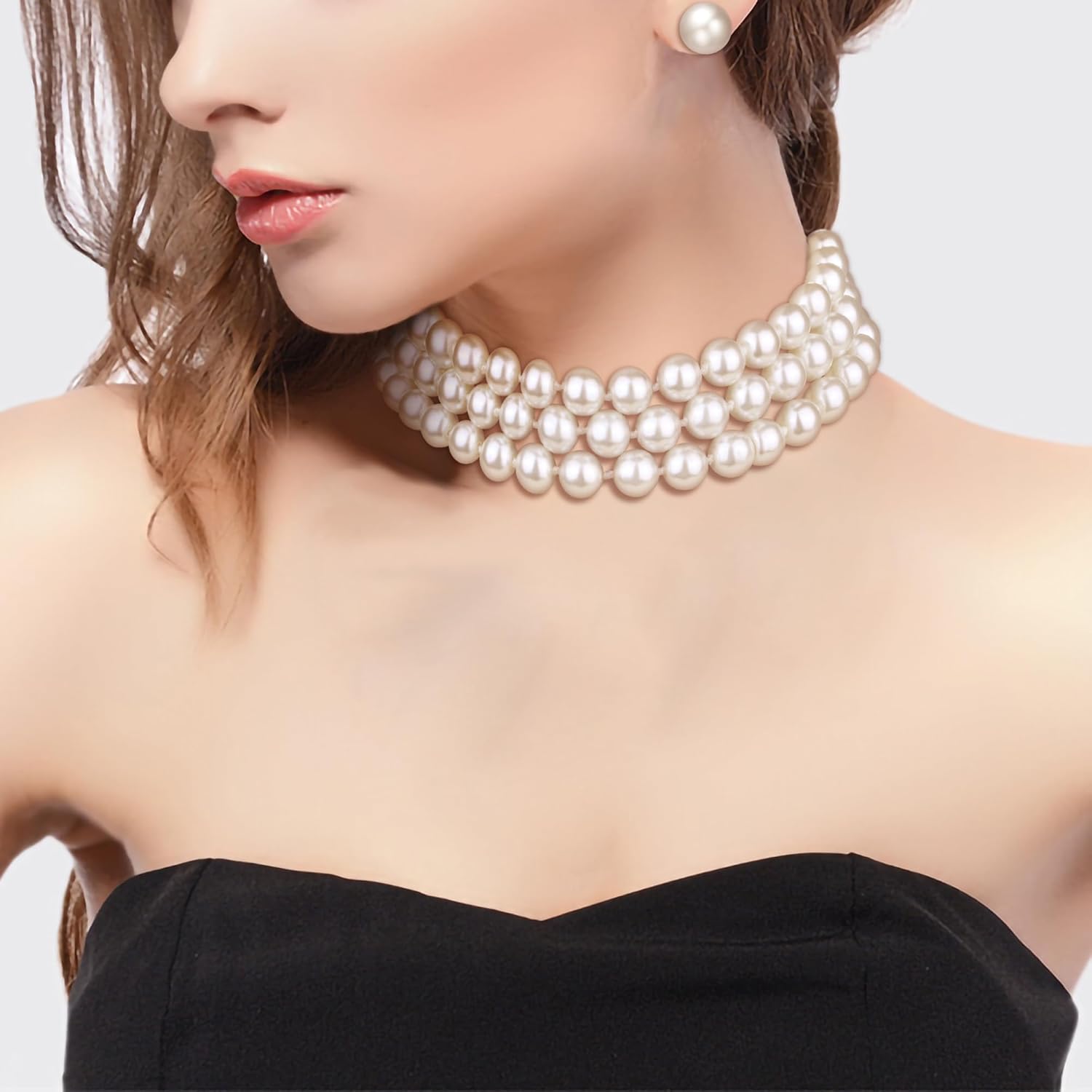 BriLove Elegant Round Cream Simulated Pearl 3 Strand Layered Pearl Choker Necklace Stud Earrings Link Bracelet Jewelry Set for Women Costume Cosplay Party Prom