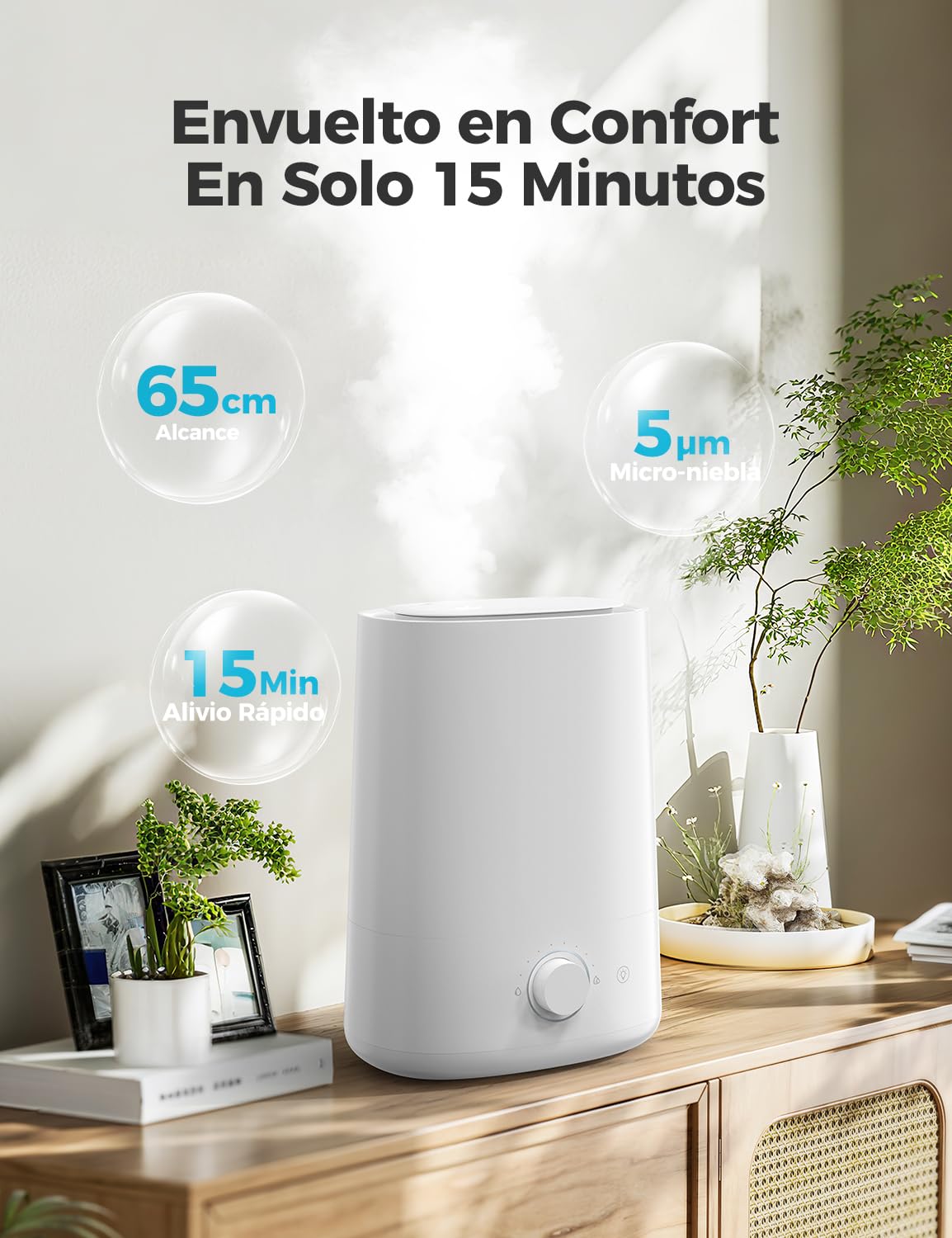 AROEVE Humidificador 5L, Nebulización Ultrasónica Fría con Difusor de Aceites Esenciales, Boquilla 360°, Luz Nocturna 28dB, 50H de Duración, para Habitación de Bebé, Plantas