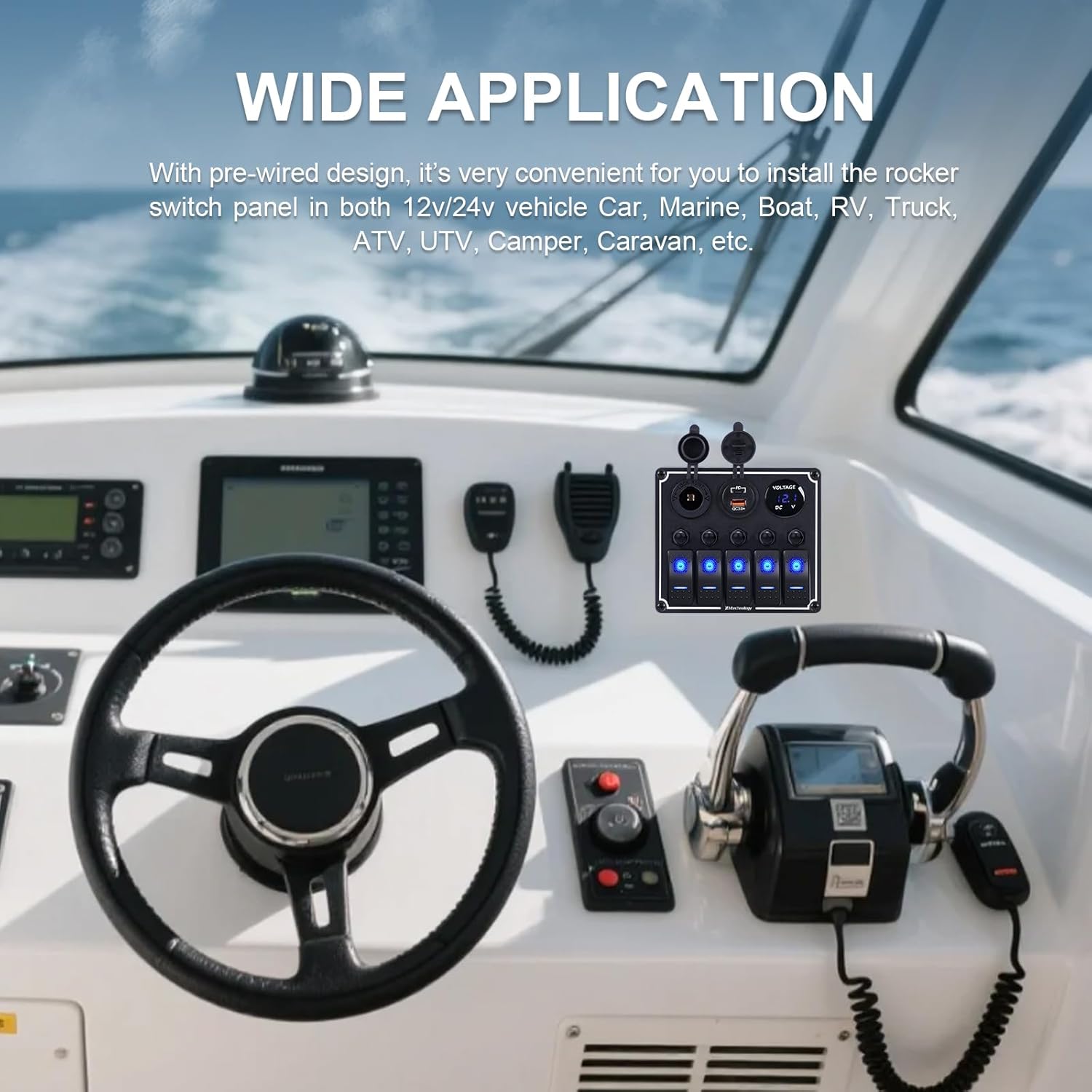 5 Gang Marine Boat Switch Panel with Dual USB Charger & Voltmeter, Waterproof Aluminum Rocker Switch Panel for Marine Automotive Truck RV Trailer with Lighter Socket Press Protector, 12/24V Black
